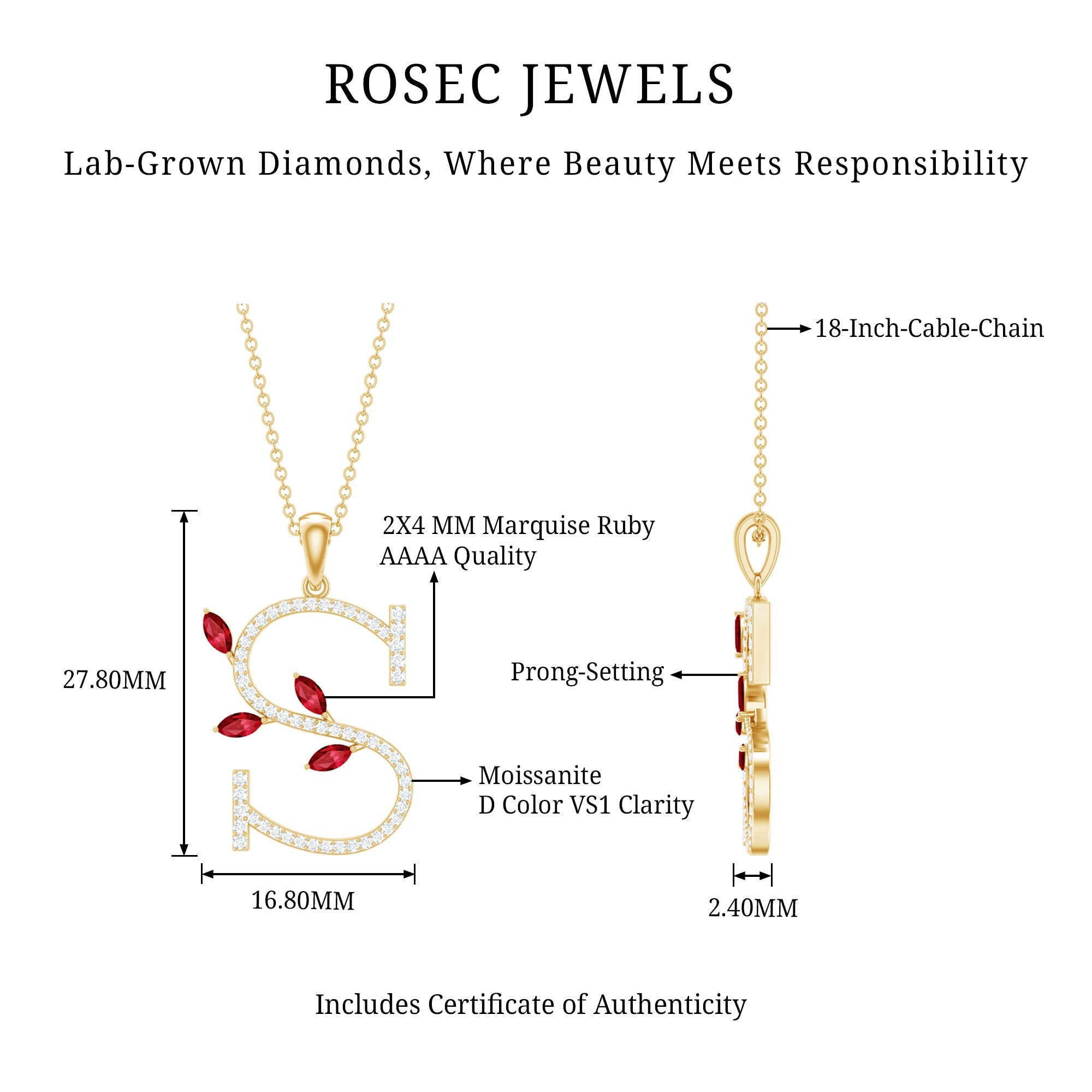 Moissanite and Lab Ruby Necklace with Letter S