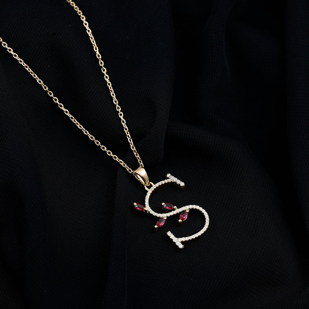 Moissanite and Lab Ruby Necklace with Letter S
