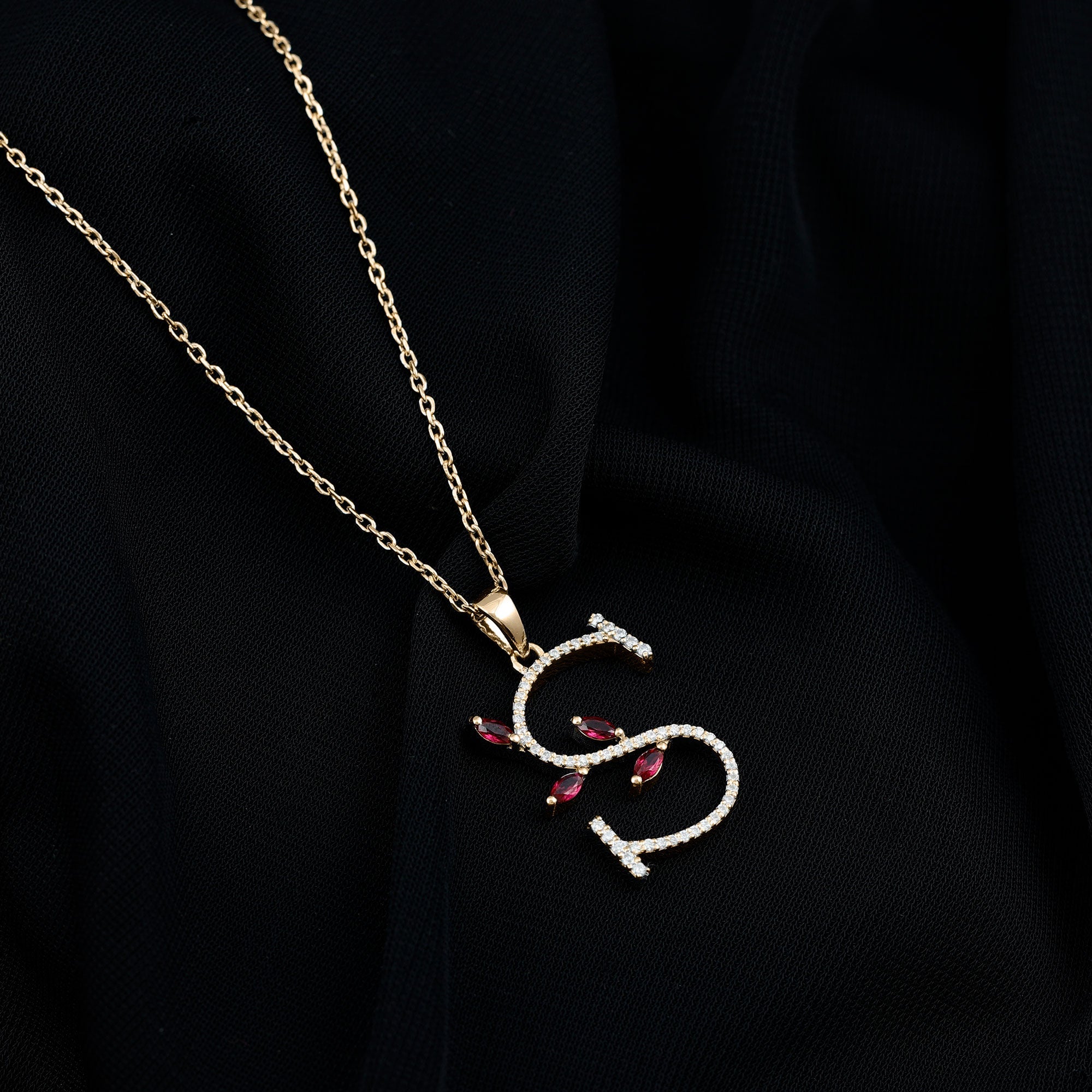 Moissanite and Lab Ruby Necklace with Letter S