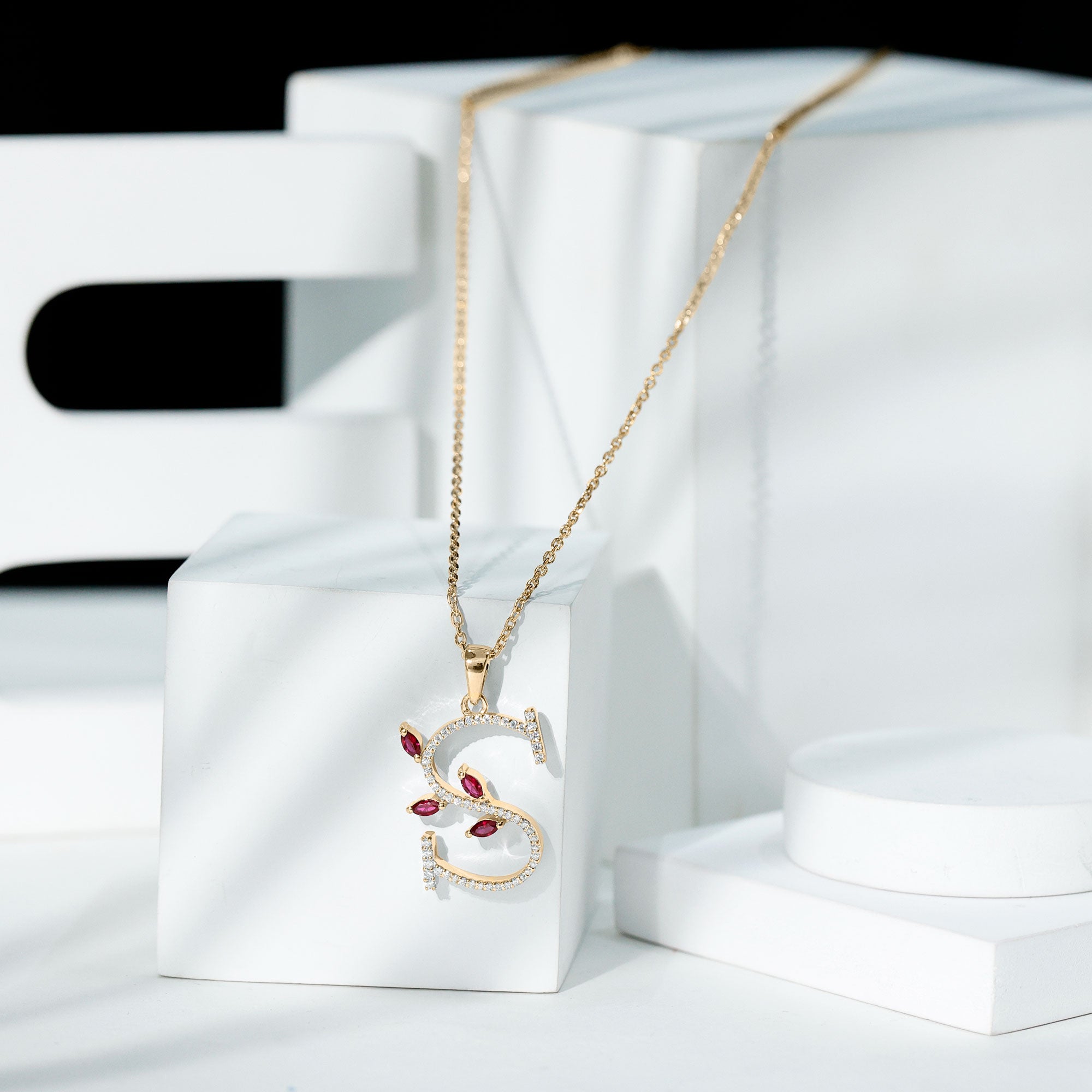 Moissanite and Lab Ruby Necklace with Letter S