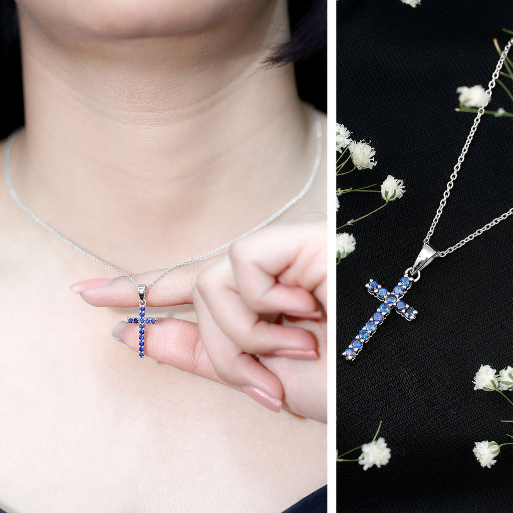 Genuine Blue Sapphire Cross Pendant Necklace with Chain