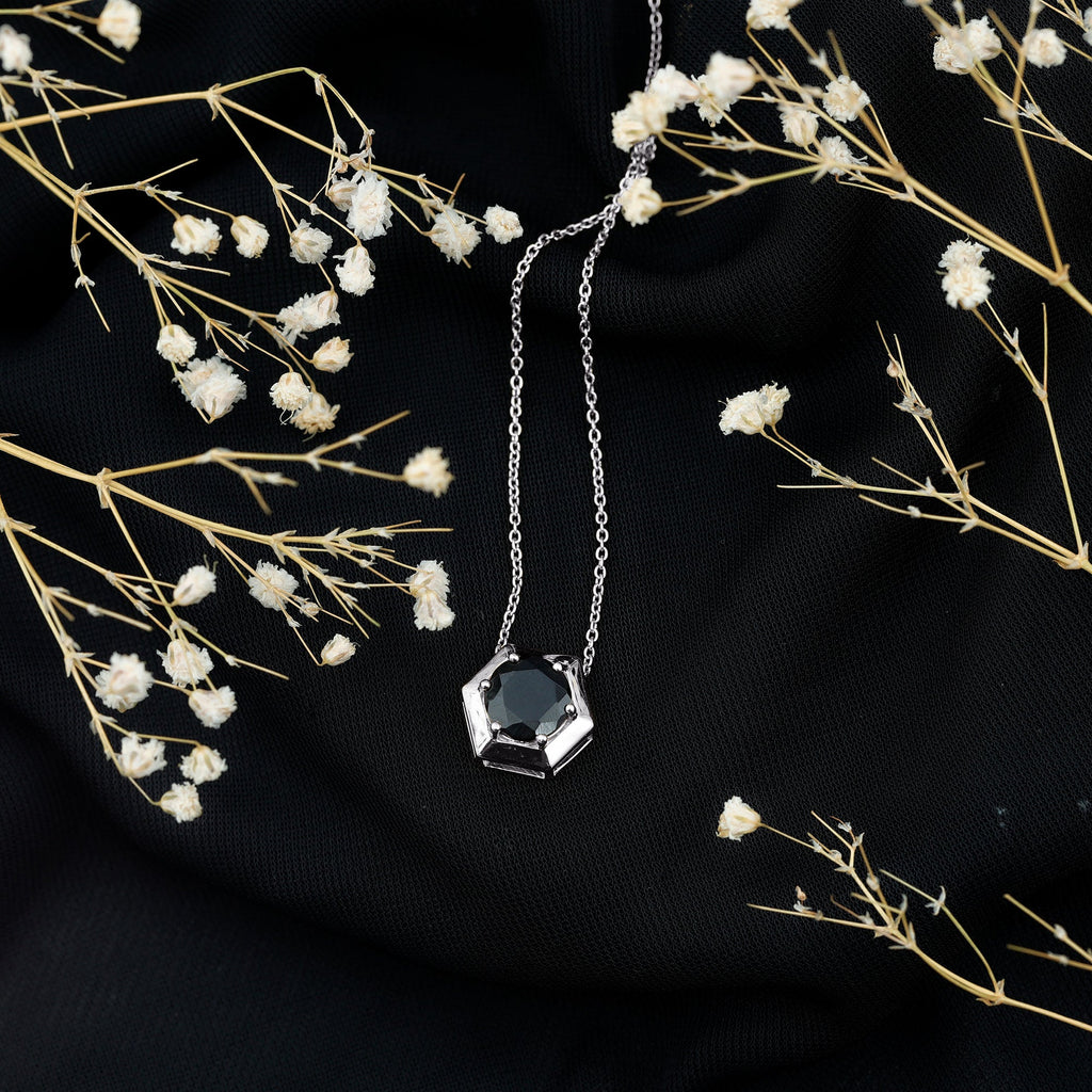 1.5 CT Round Black Spinel Gold Hexagon Pendant Necklace