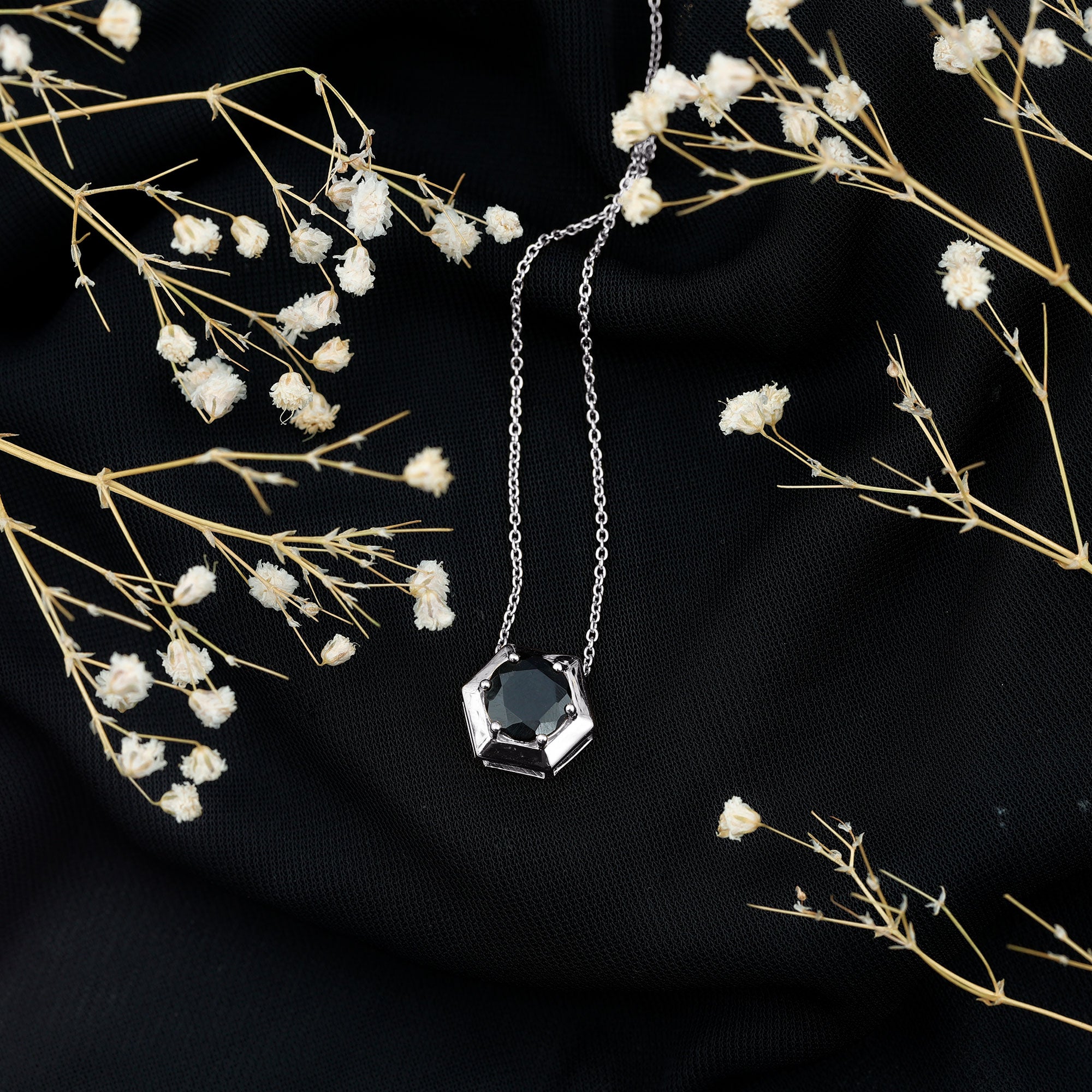 1.5 CT Round Black Spinel Gold Hexagon Pendant Necklace
