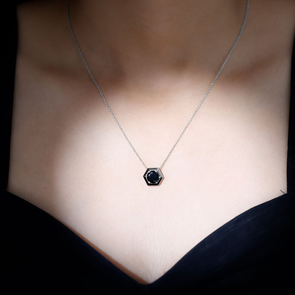 1.5 CT Round Black Spinel Gold Hexagon Pendant Necklace