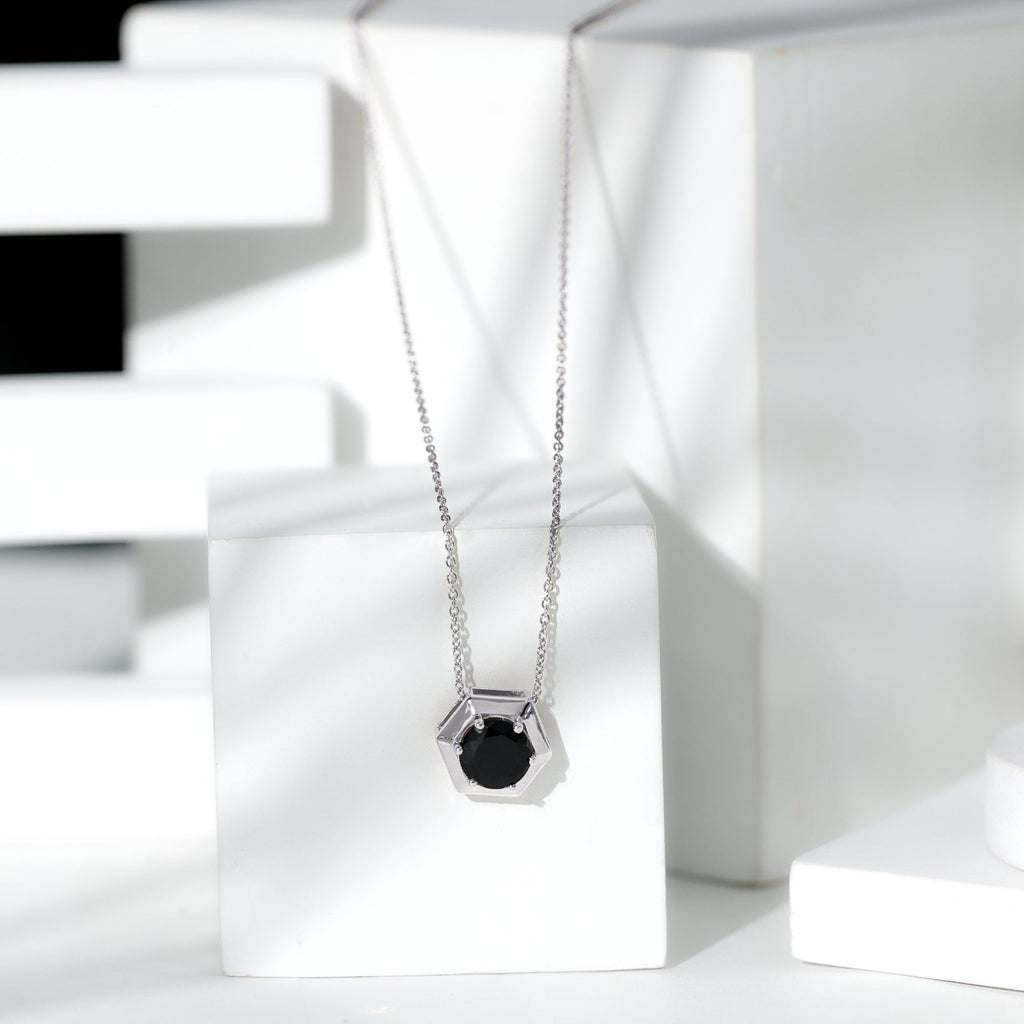 1.5 CT Round Black Spinel Gold Hexagon Pendant Necklace