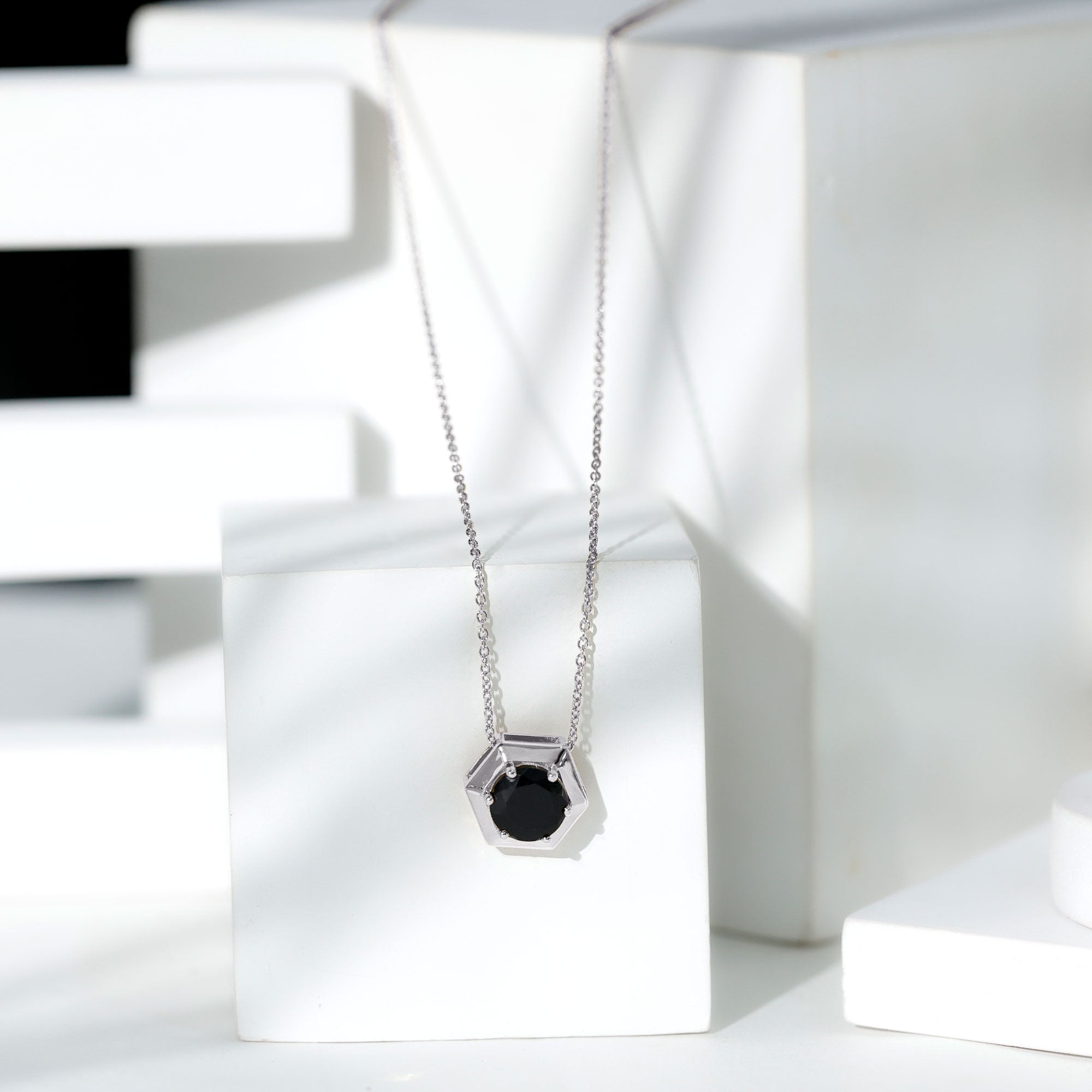 1.5 CT Round Black Spinel Gold Hexagon Pendant Necklace