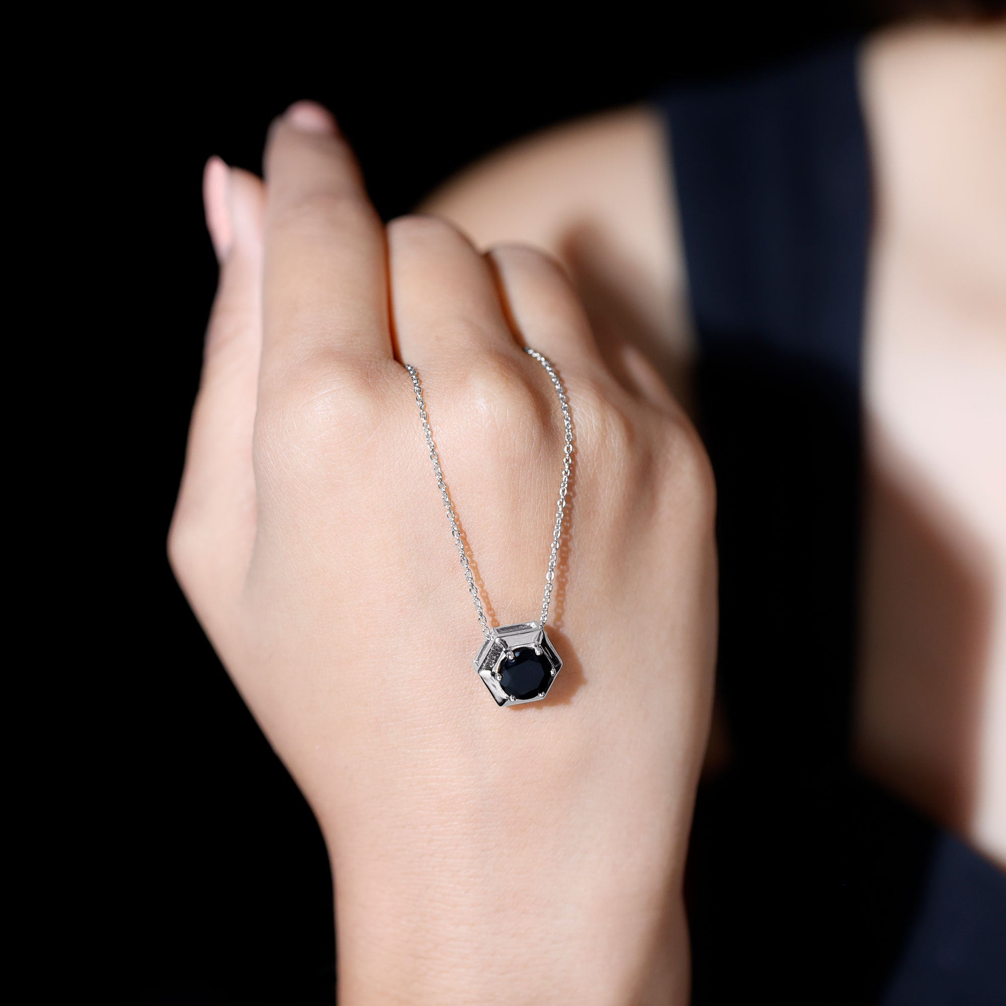 1.5 CT Round Black Spinel Gold Hexagon Pendant Necklace