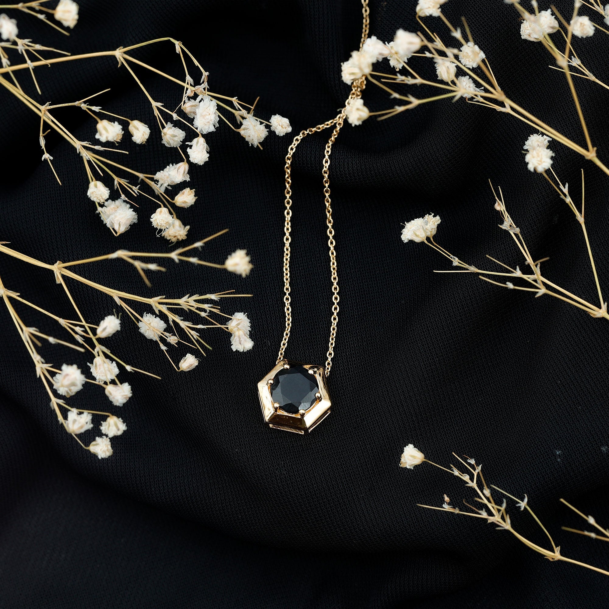 1.5 CT Round Black Spinel Gold Hexagon Pendant Necklace