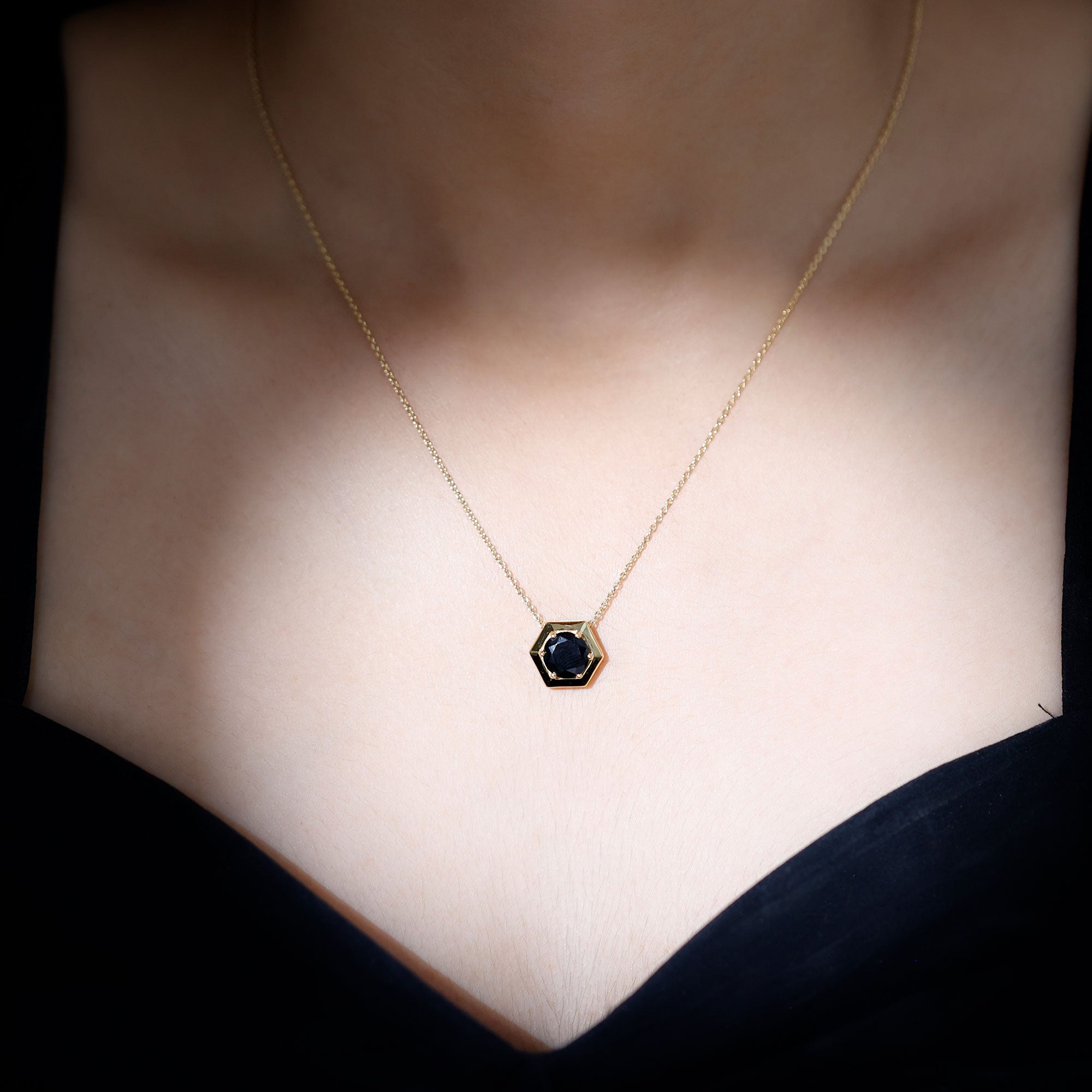 1.5 CT Round Black Spinel Gold Hexagon Pendant Necklace