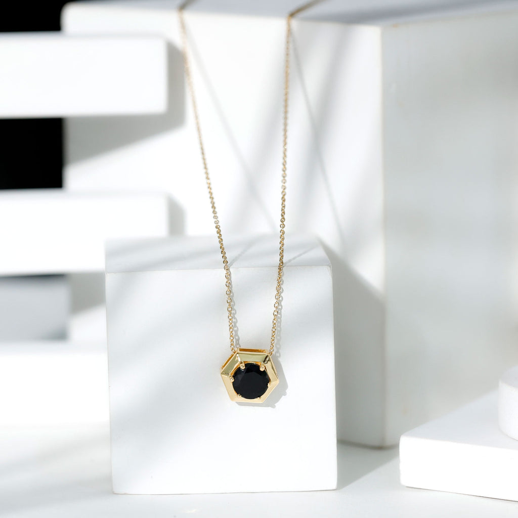 1.5 CT Round Black Spinel Gold Hexagon Pendant Necklace
