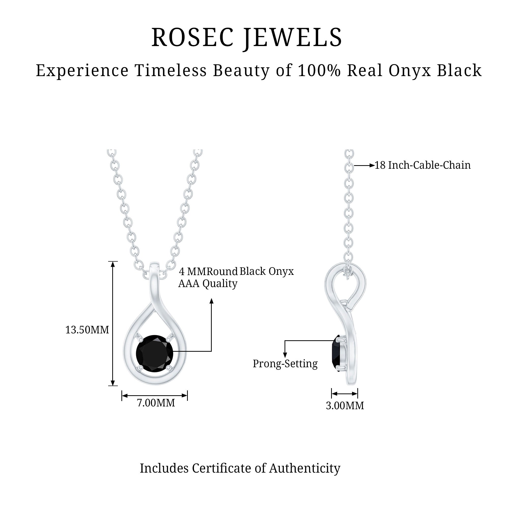 Certified 4MM Solitaire Black Onyx Teardrop Pendant With Chain