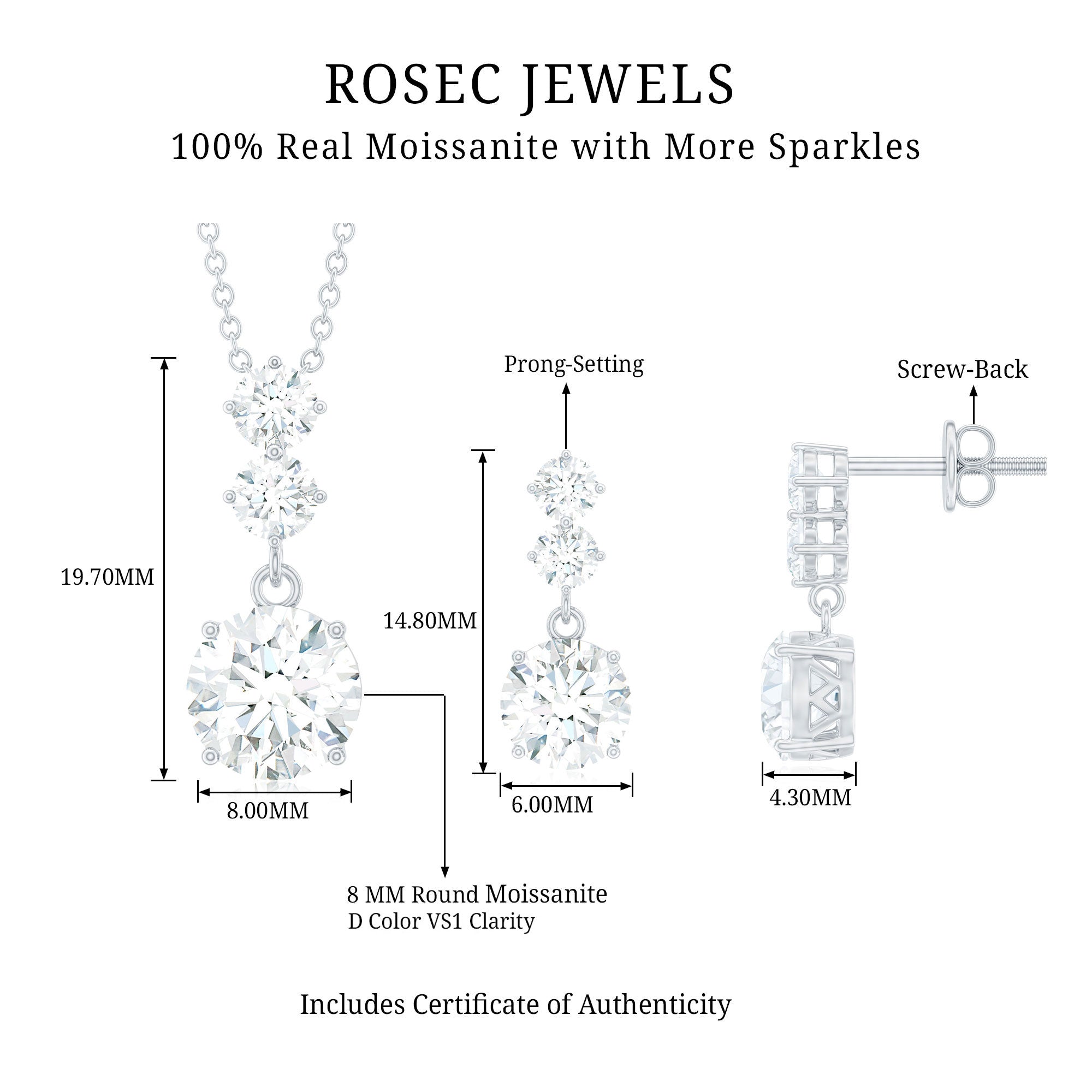 Moissanite 3 Stone Dangle Necklace and Earrings Set