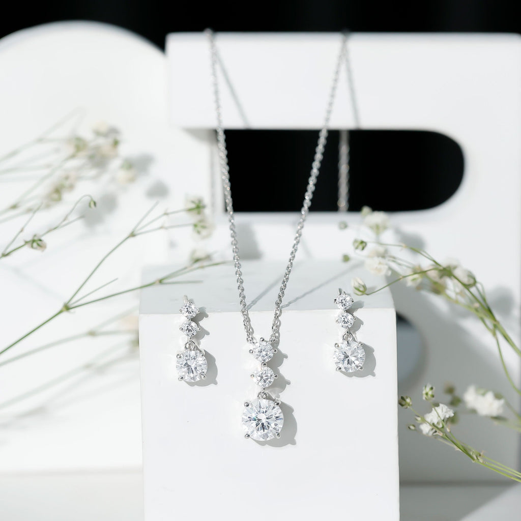 Moissanite 3 Stone Dangle Necklace and Earrings Set