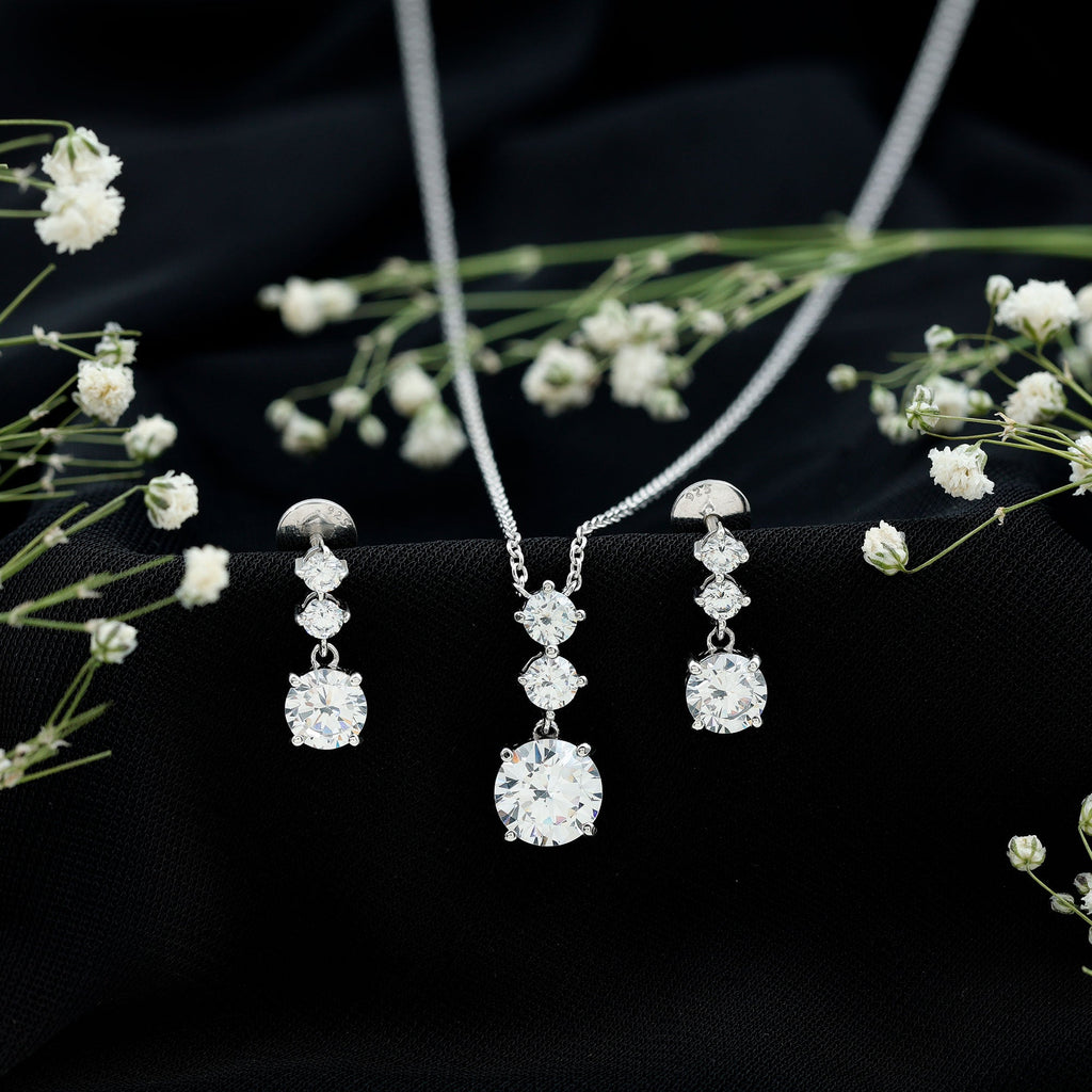 Moissanite 3 Stone Dangle Necklace and Earrings Set