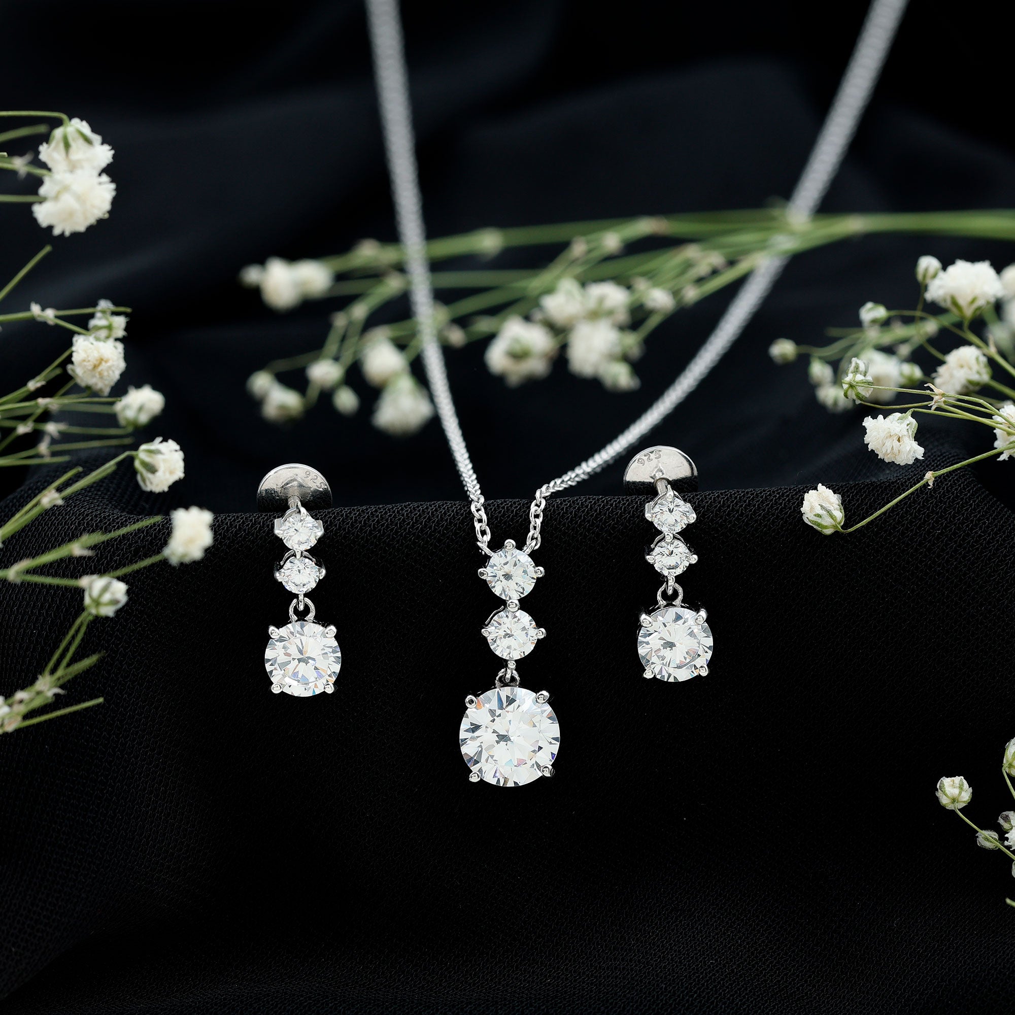 Moissanite 3 Stone Dangle Necklace and Earrings Set