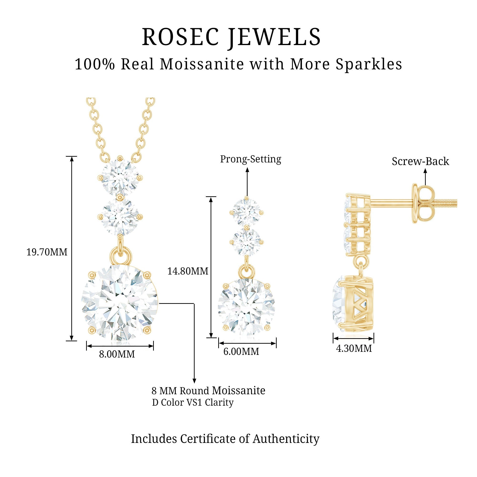 Moissanite 3 Stone Dangle Necklace and Earrings Set