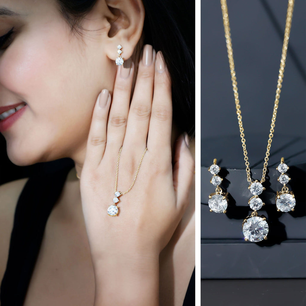 Moissanite 3 Stone Dangle Necklace and Earrings Set