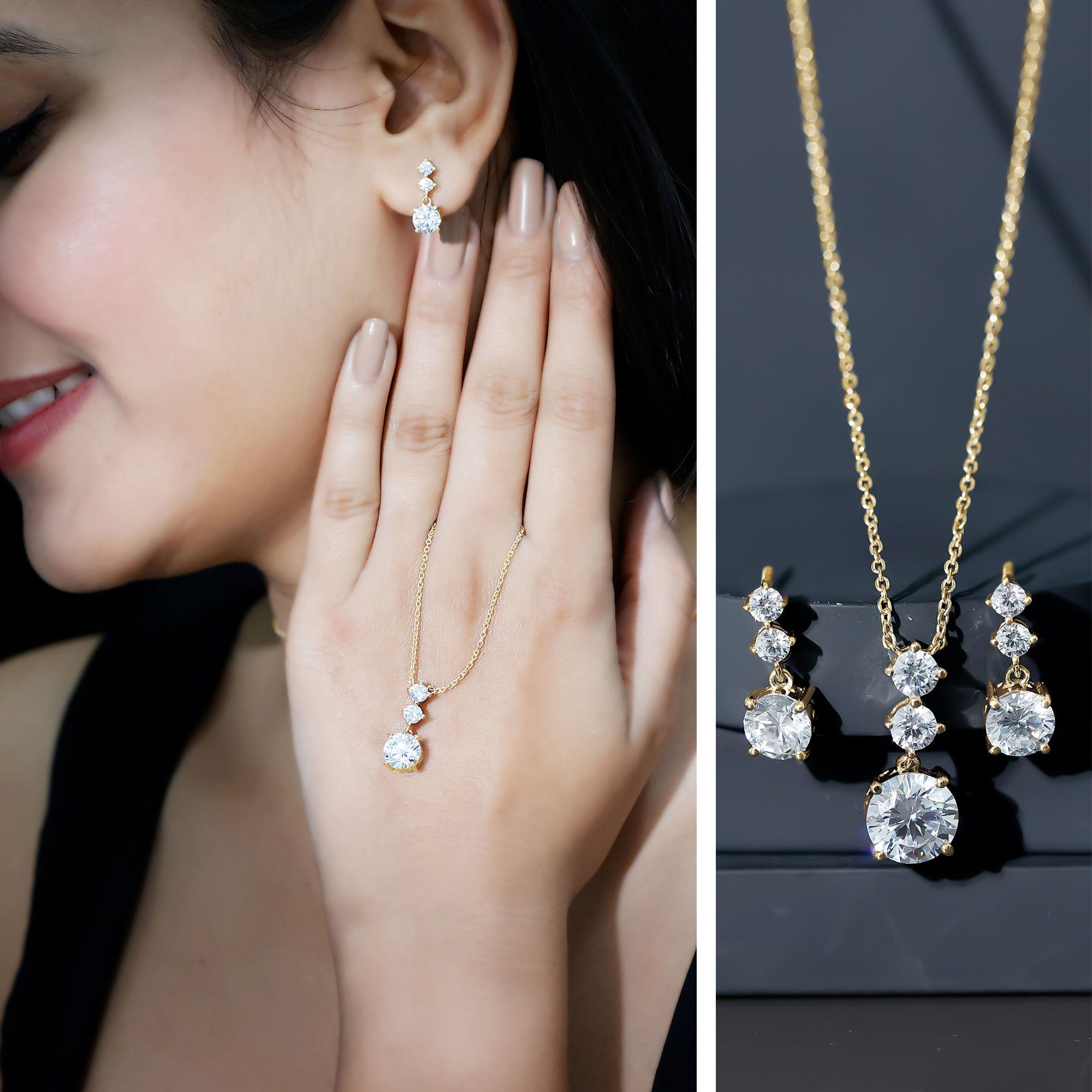 Moissanite 3 Stone Dangle Necklace and Earrings Set