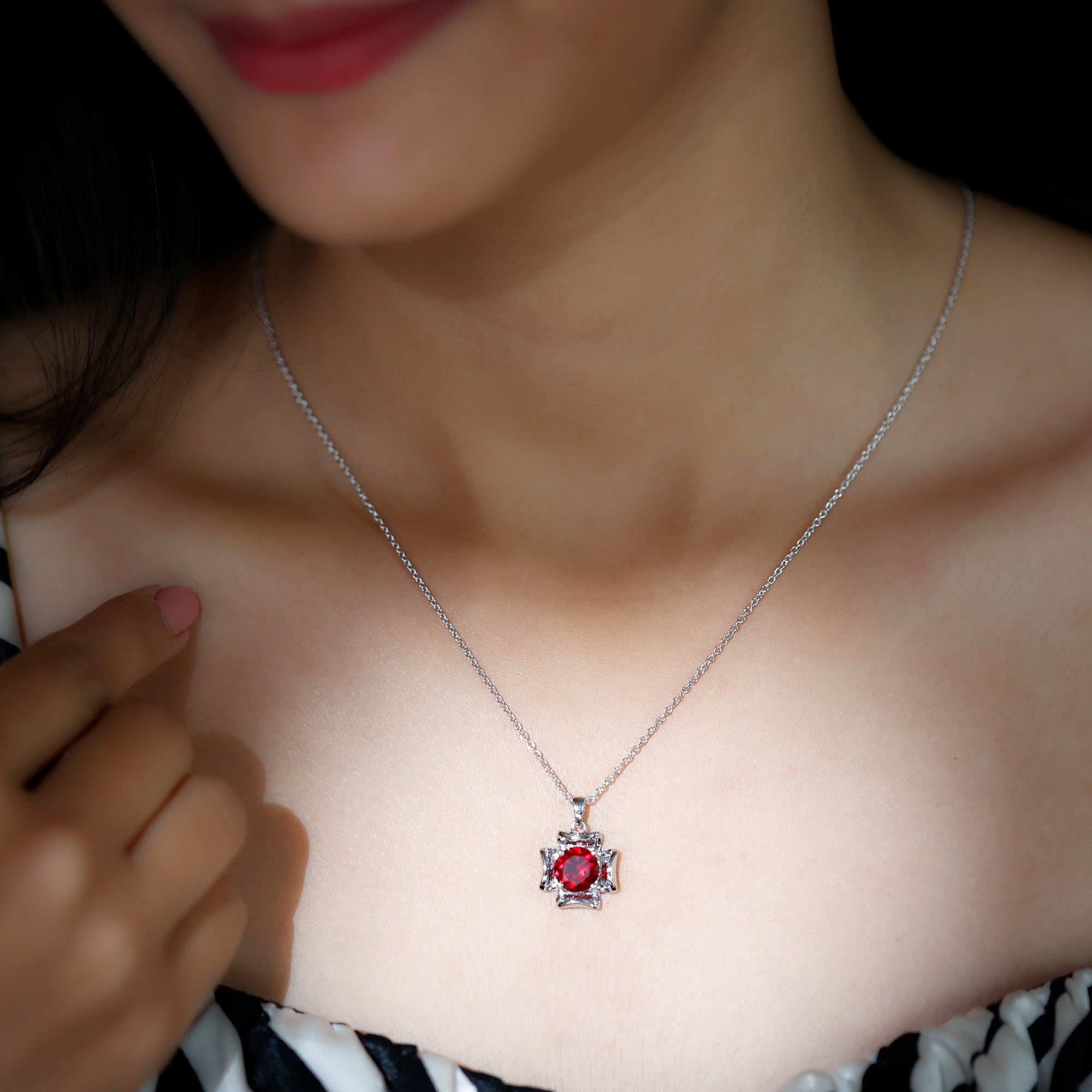 Art Deco Inspired Lab Created Ruby Solitaire Necklace