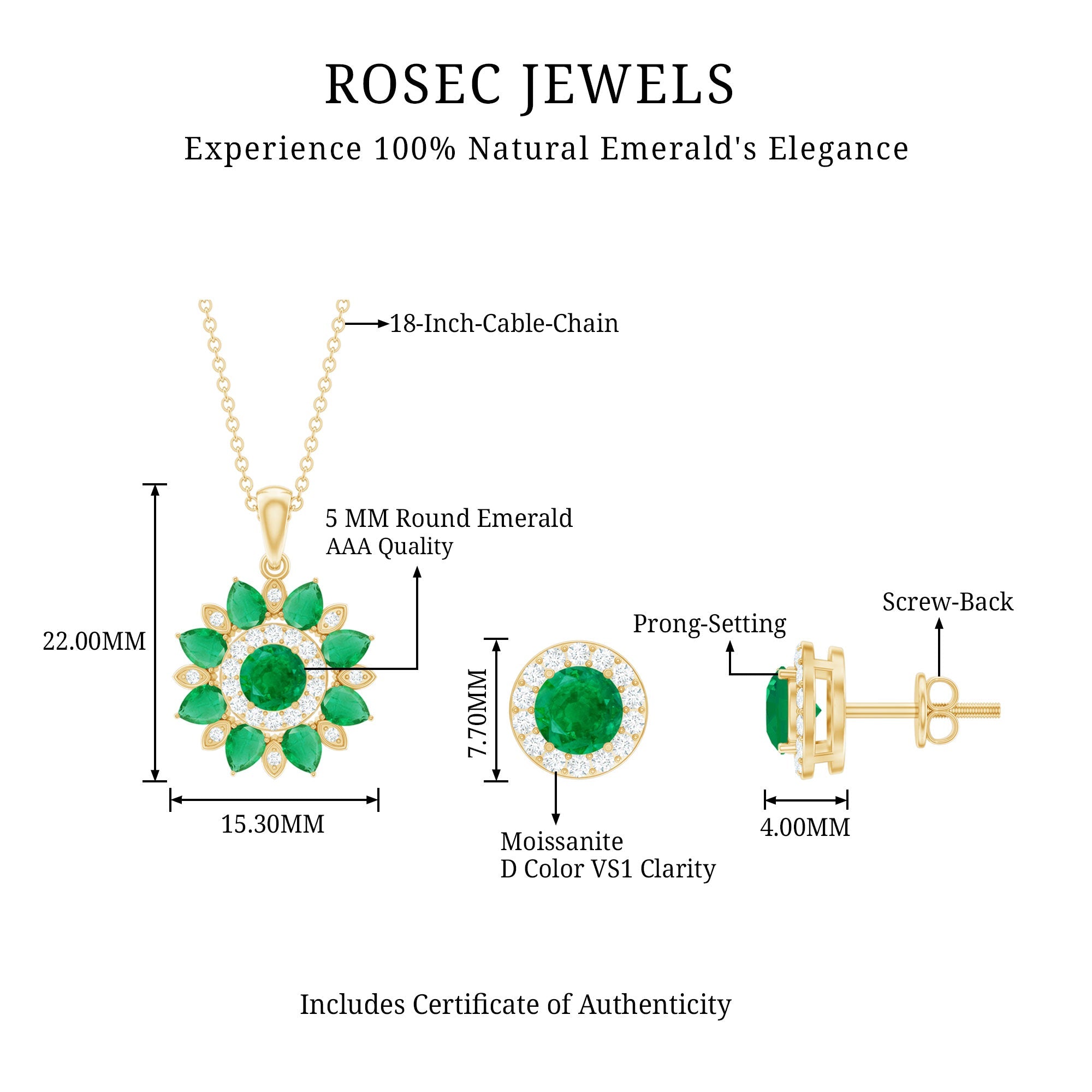 Certified Emerald and Moissanite Flower Jewelry Set