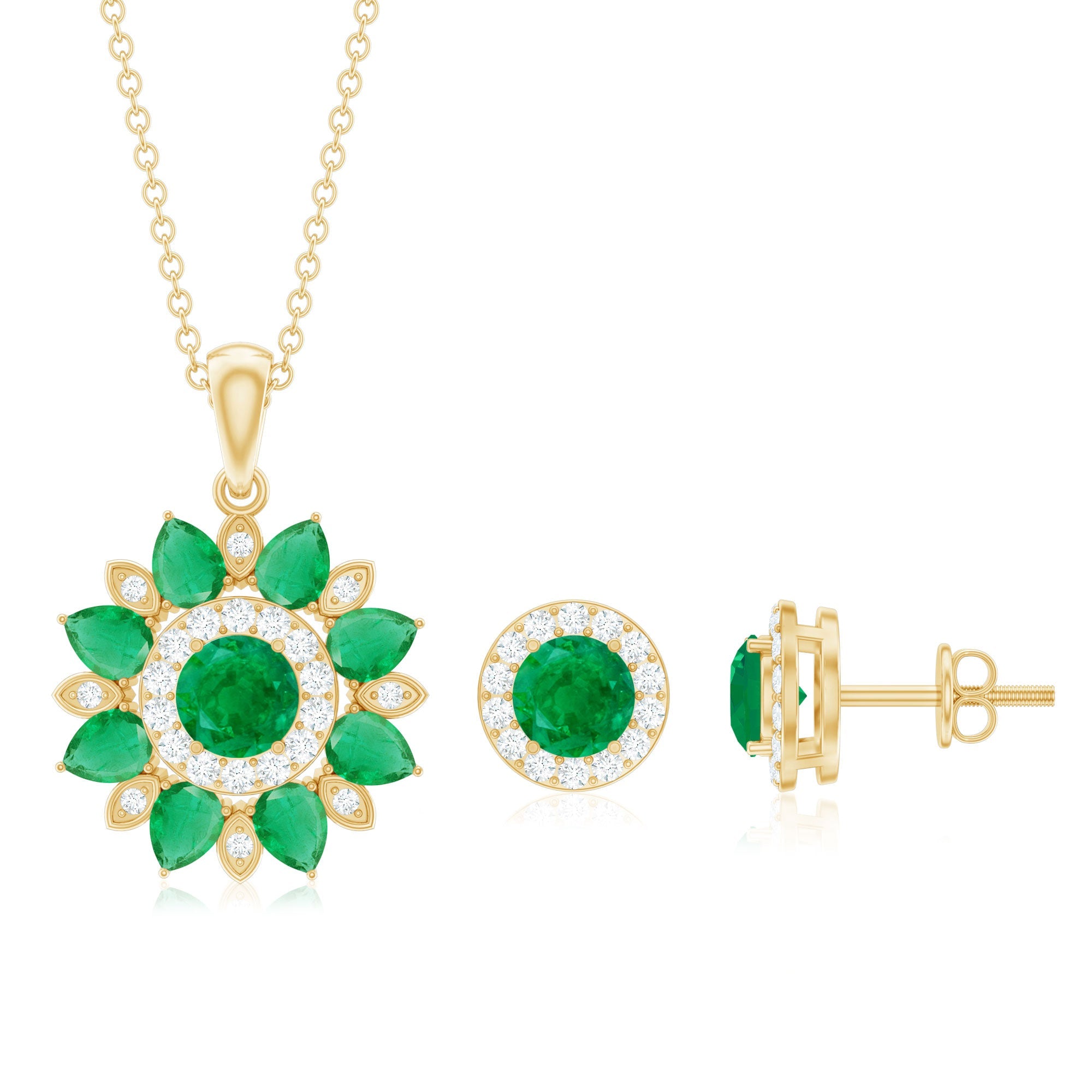Certified Emerald and Moissanite Flower Jewelry Set
