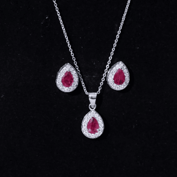 3.25 CT Pear Cut Ruby and Moissanite Pendant and Earring Set