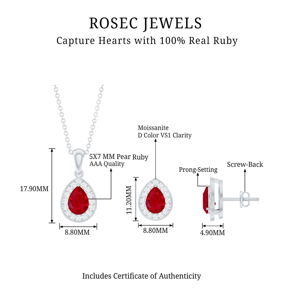 3.25 CT Pear Cut Ruby and Moissanite Pendant and Earring Set