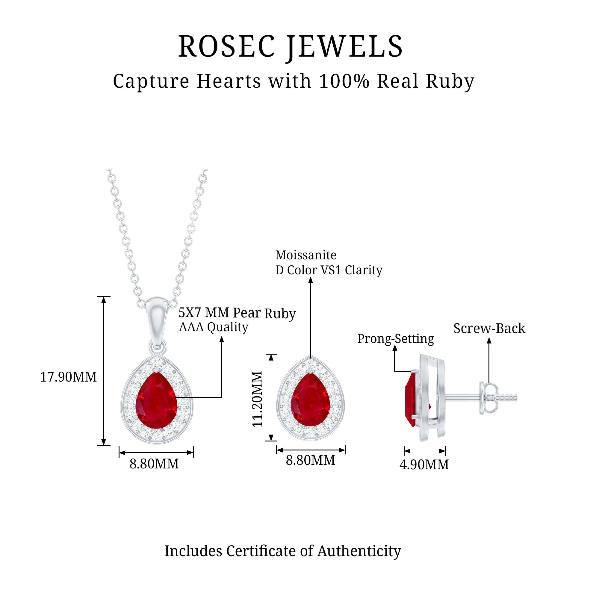 3.25 CT Pear Cut Ruby and Moissanite Pendant and Earring Set