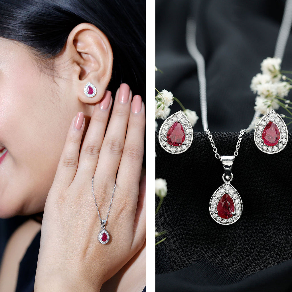 3.25 CT Pear Cut Ruby and Moissanite Pendant and Earring Set