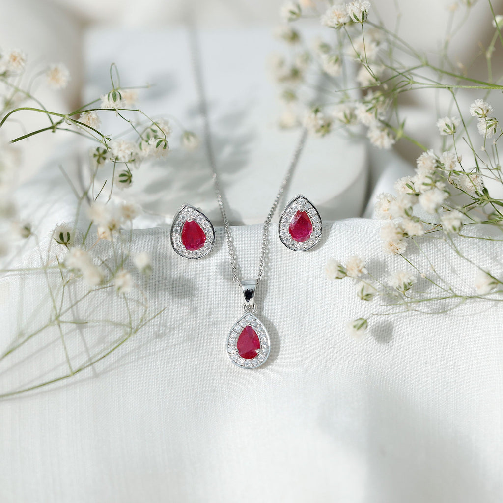 3.25 CT Pear Cut Ruby and Moissanite Pendant and Earring Set