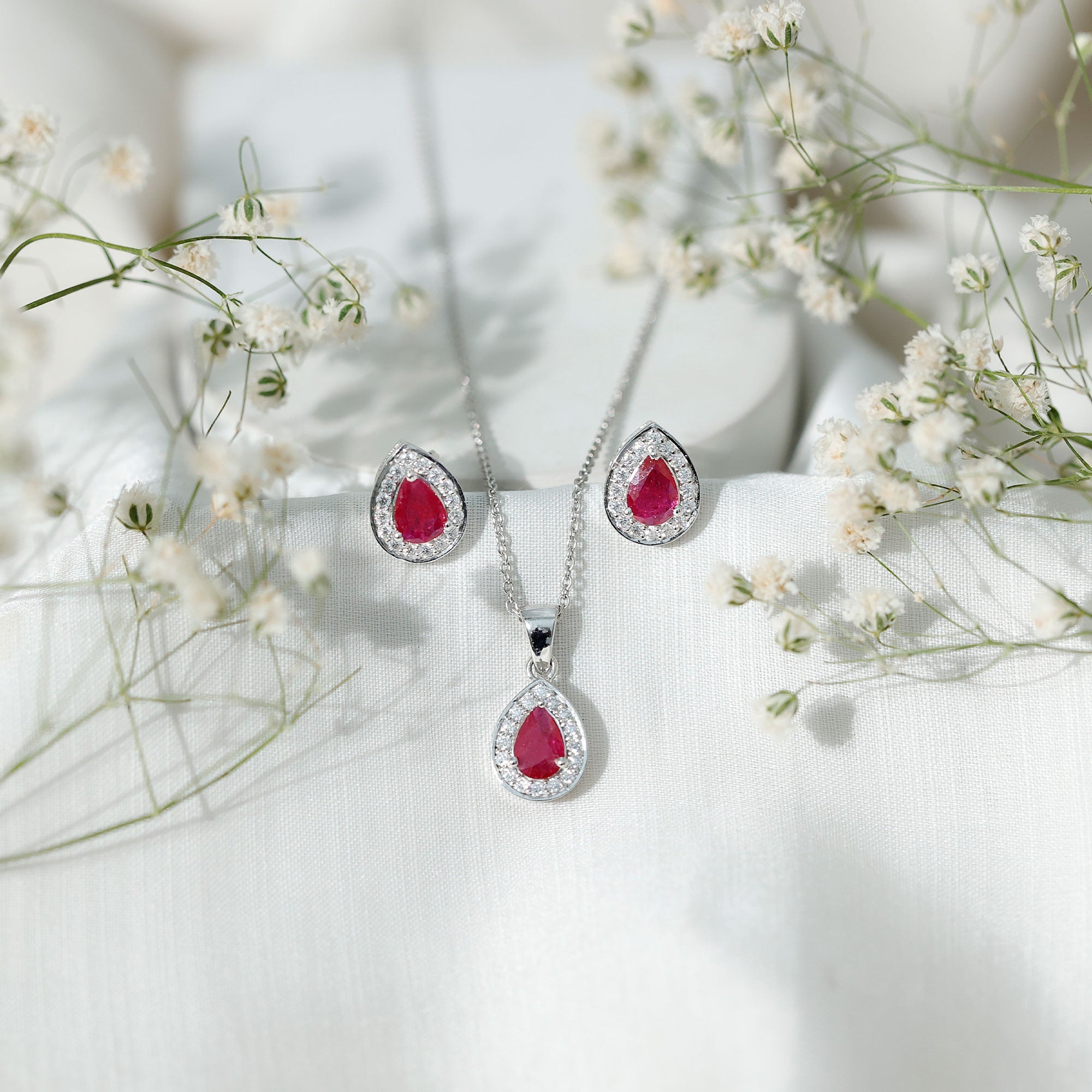 3.25 CT Pear Cut Ruby and Moissanite Pendant and Earring Set
