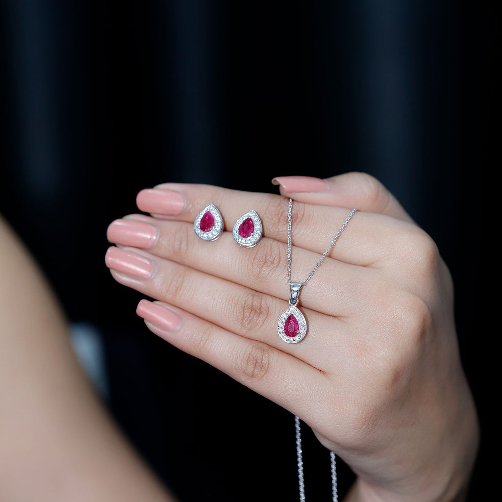 3.25 CT Pear Cut Ruby and Moissanite Pendant and Earring Set