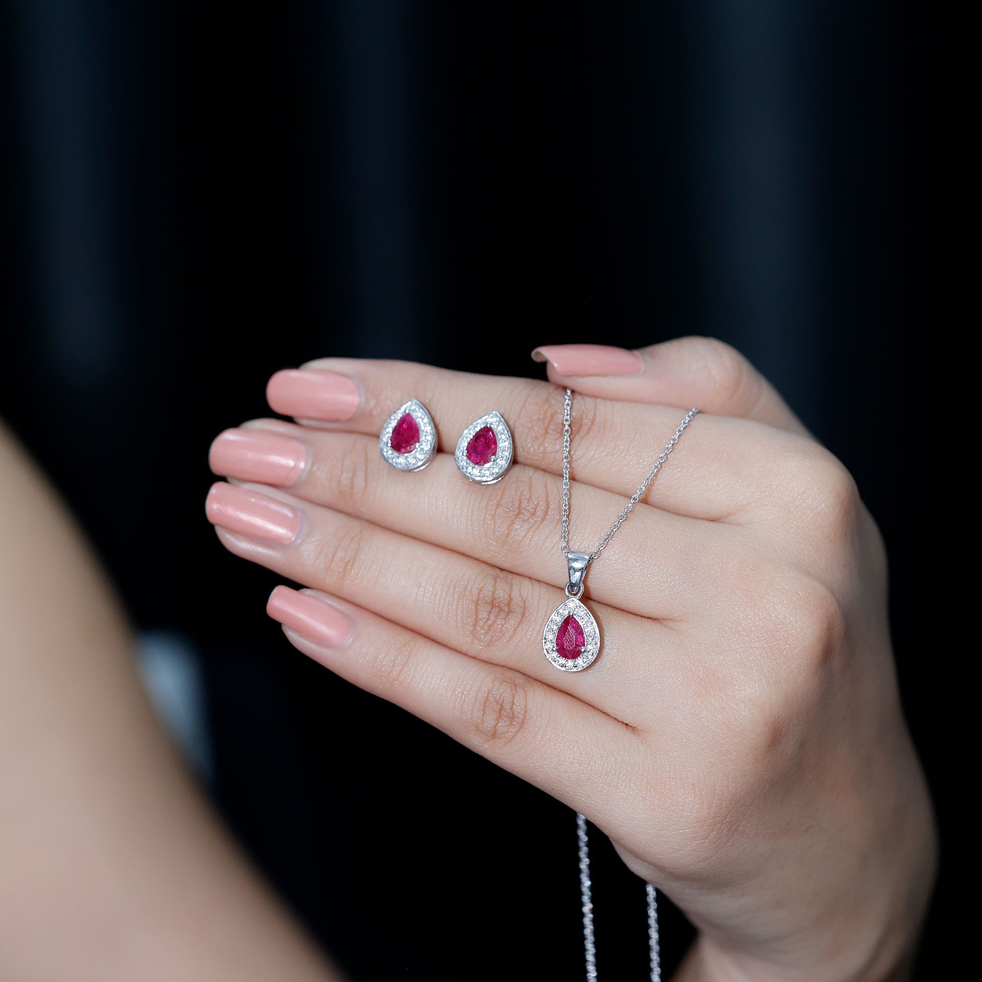 3.25 CT Pear Cut Ruby and Moissanite Pendant and Earring Set