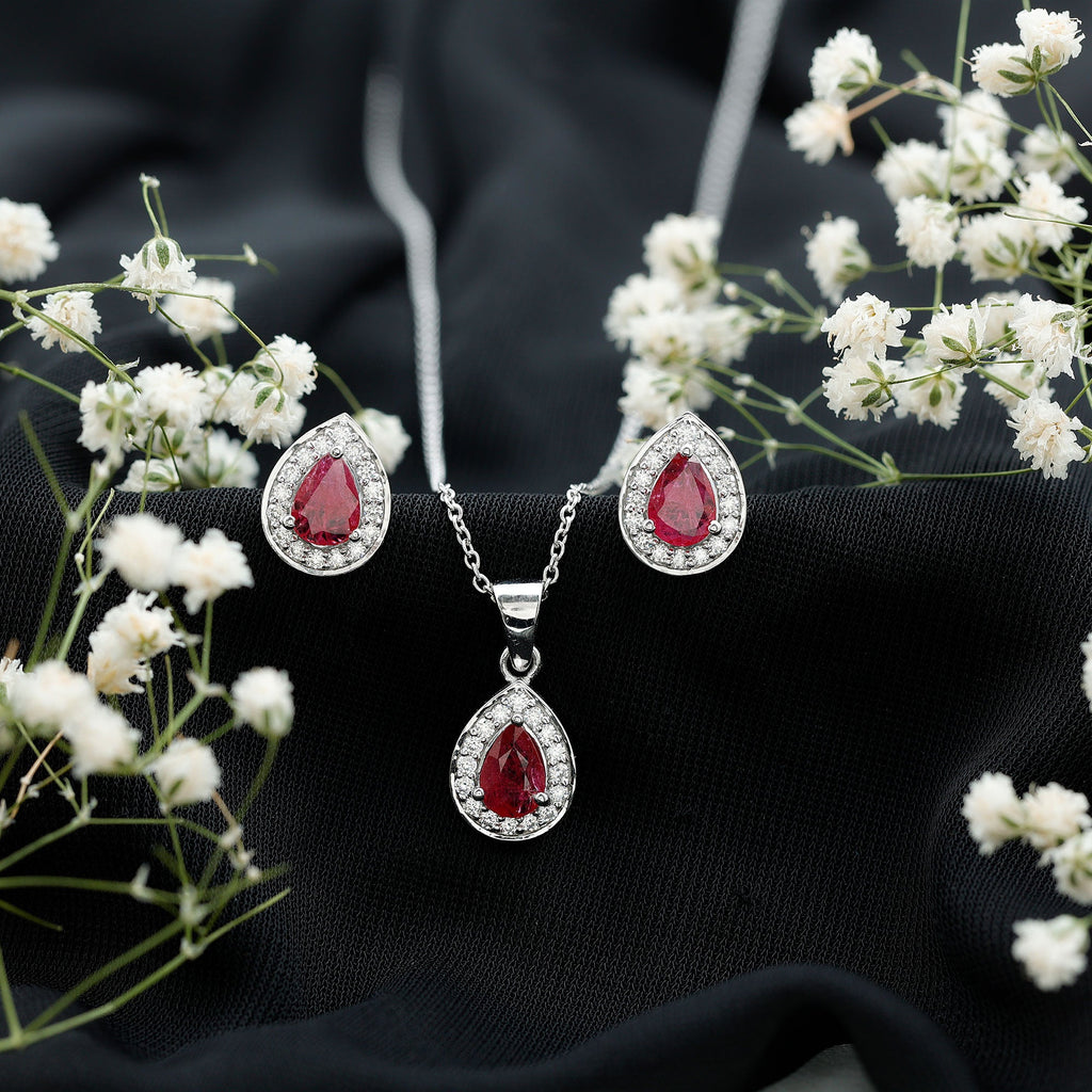 3.25 CT Pear Cut Ruby and Moissanite Pendant and Earring Set