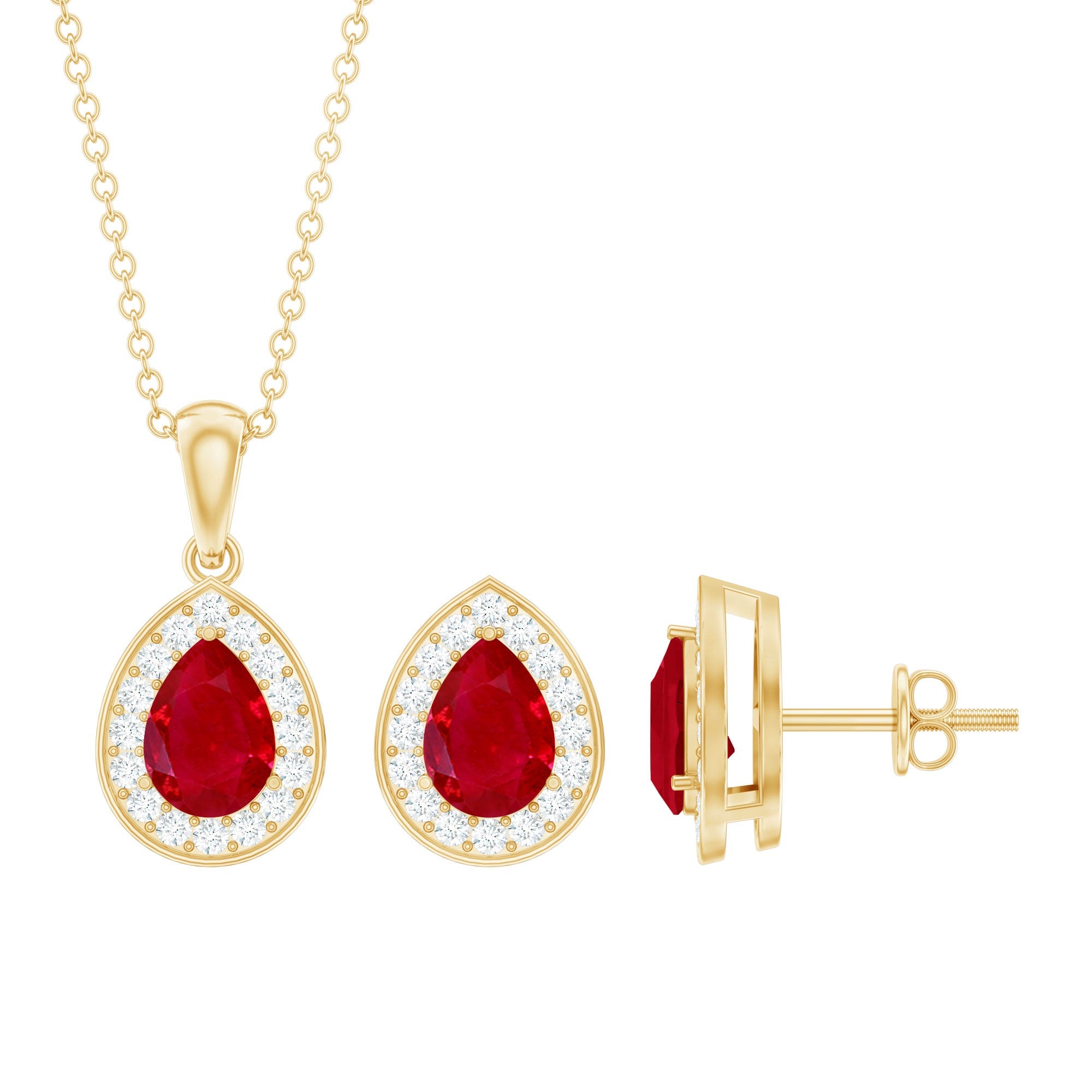 3.25 CT Pear Cut Ruby and Moissanite Pendant and Earring Set