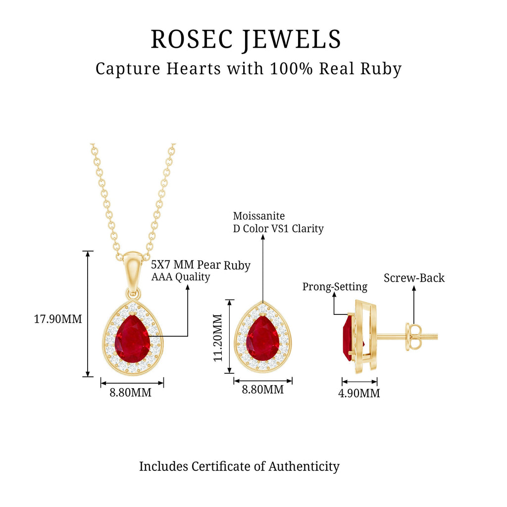 3.25 CT Pear Cut Ruby and Moissanite Pendant and Earring Set