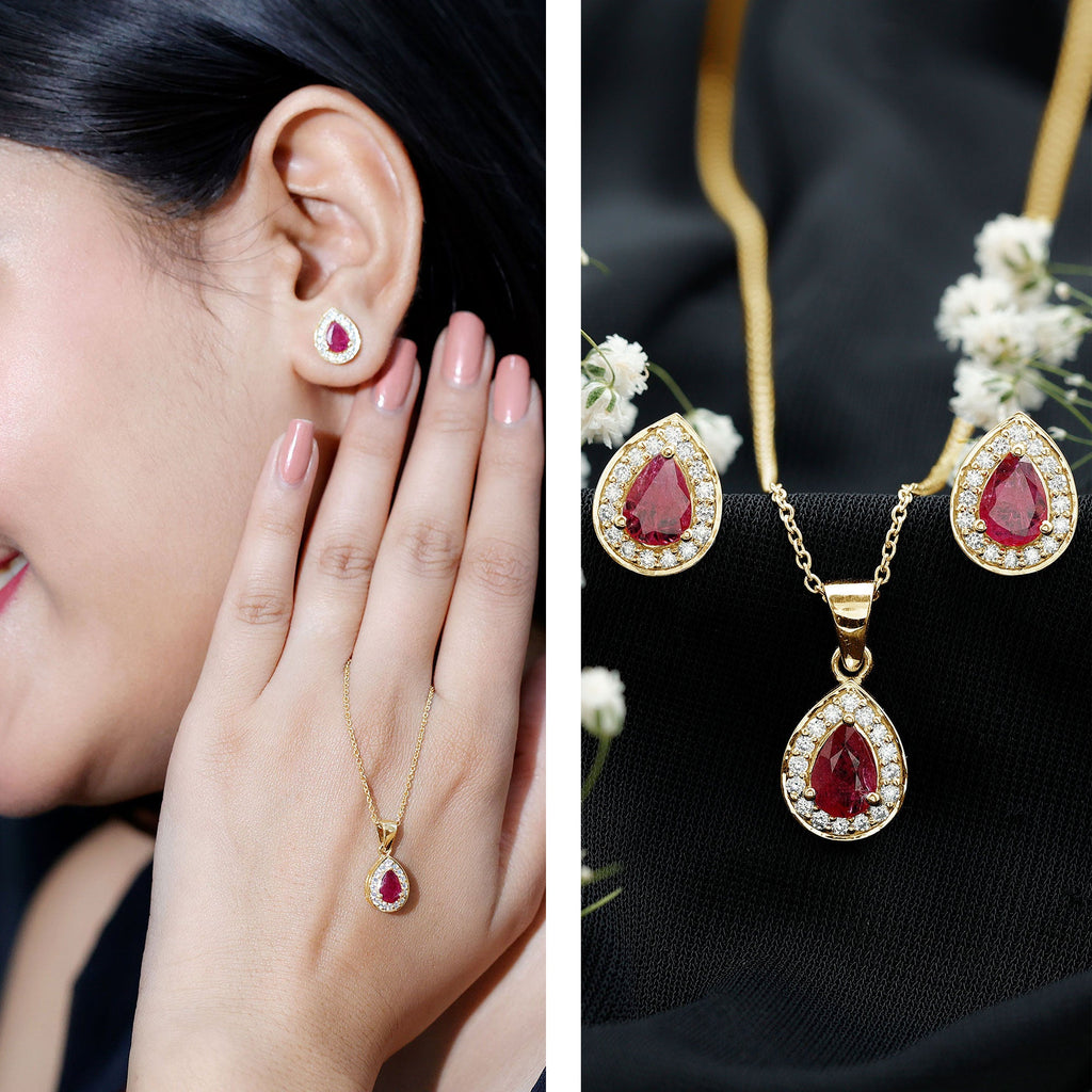 3.25 CT Pear Cut Ruby and Moissanite Pendant and Earring Set