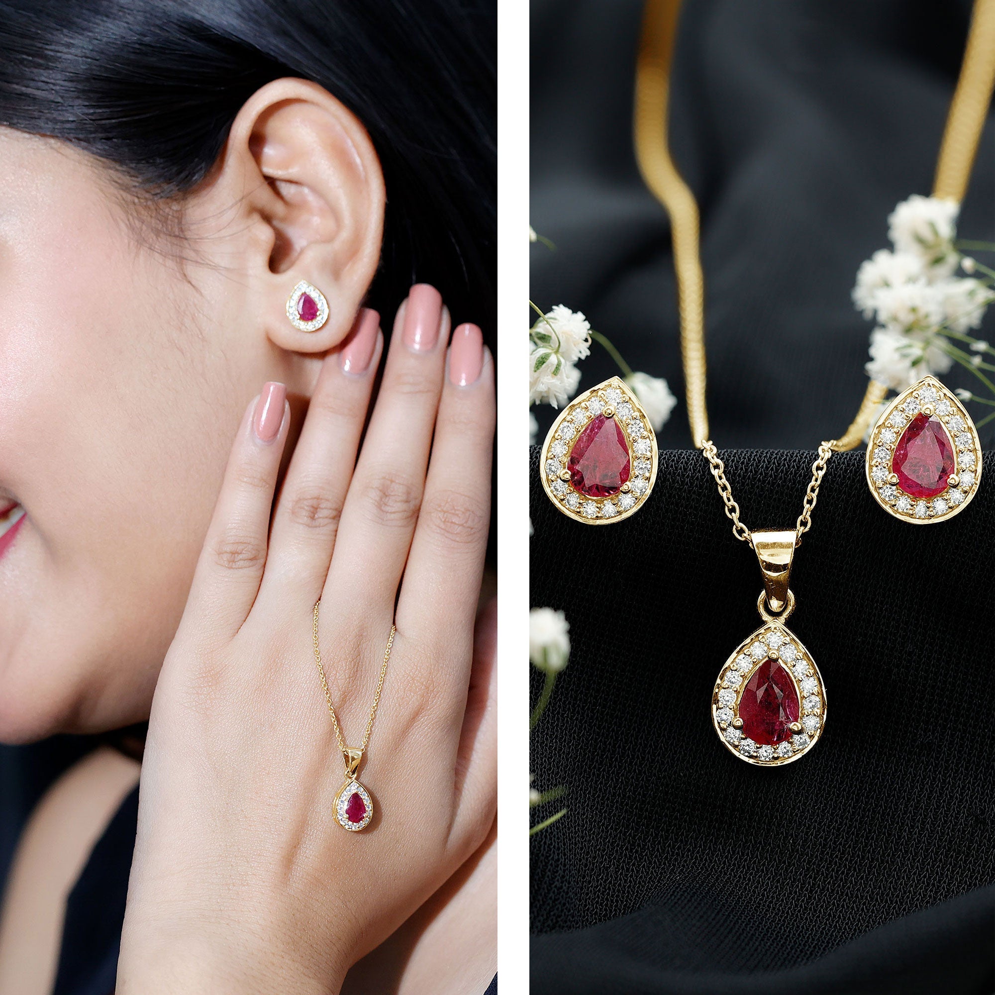 3.25 CT Pear Cut Ruby and Moissanite Pendant and Earring Set