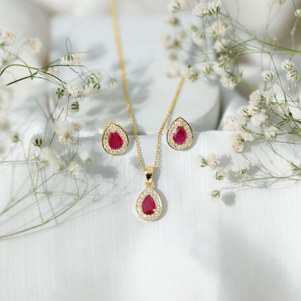 3.25 CT Pear Cut Ruby and Moissanite Pendant and Earring Set