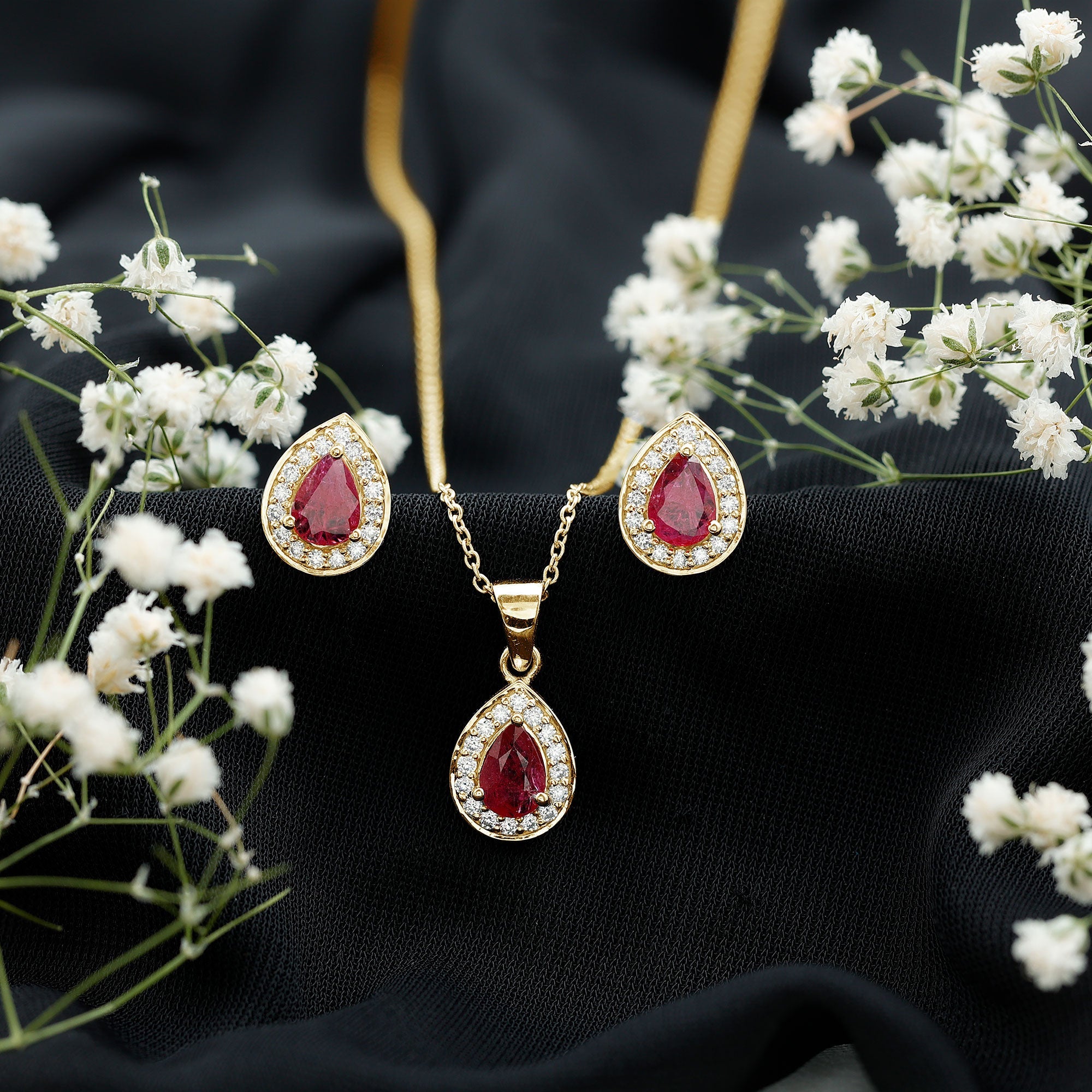 3.25 CT Pear Cut Ruby and Moissanite Pendant and Earring Set