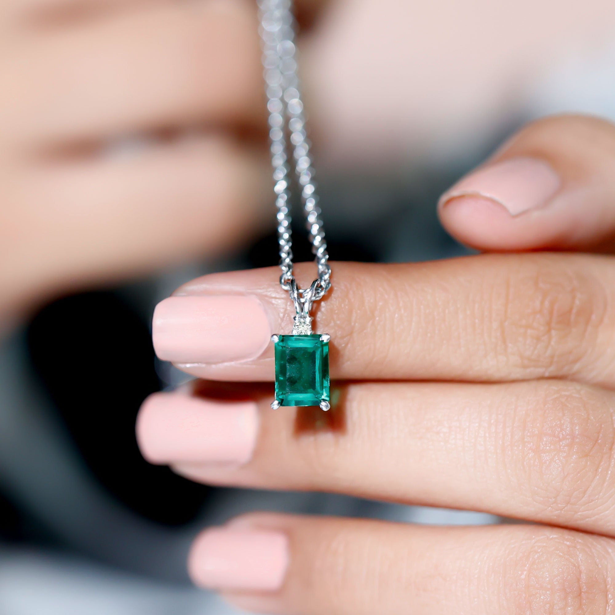 Octagon Cut Lab Created Emerald Solitaire Necklace with Chain