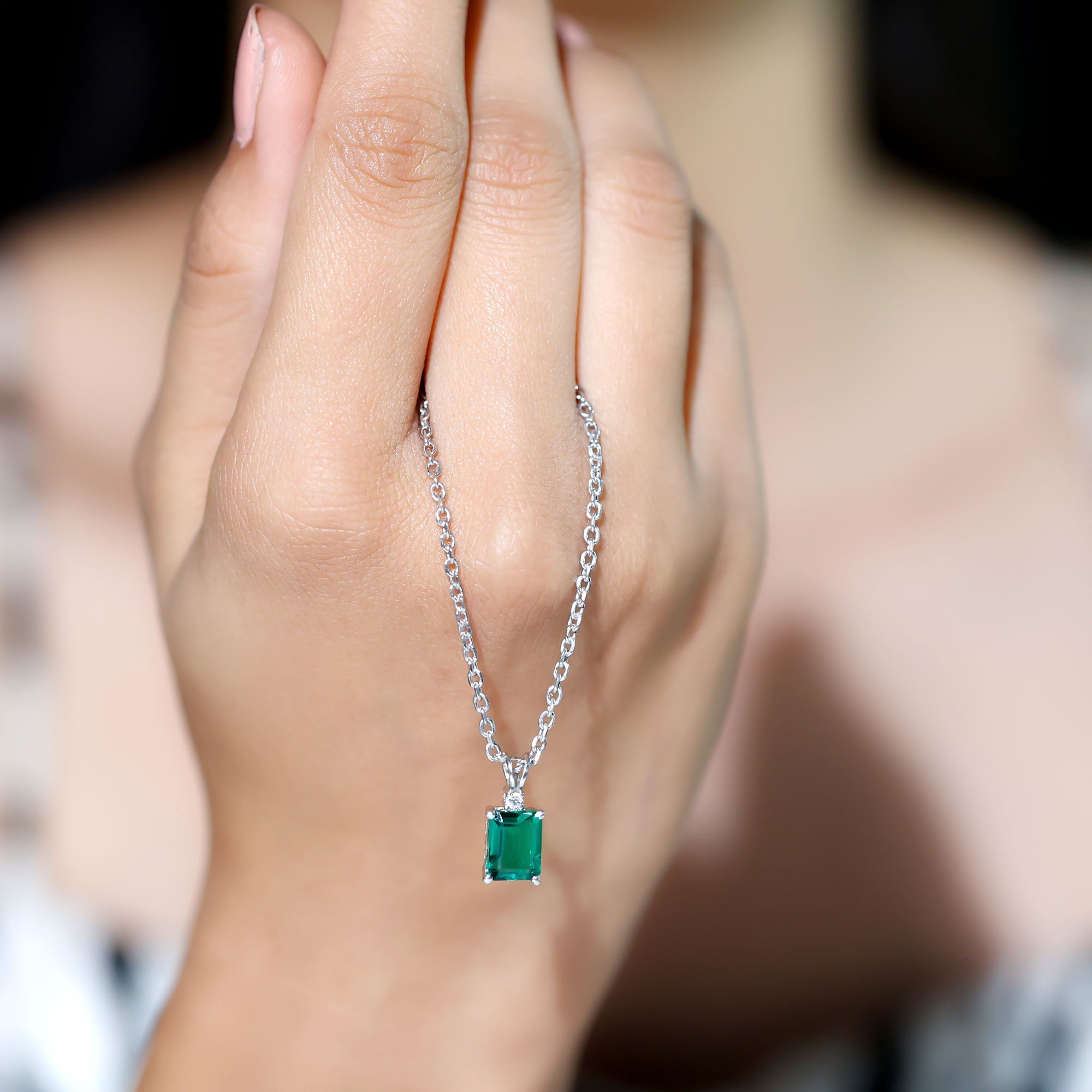 Octagon Cut Lab Created Emerald Solitaire Necklace with Chain