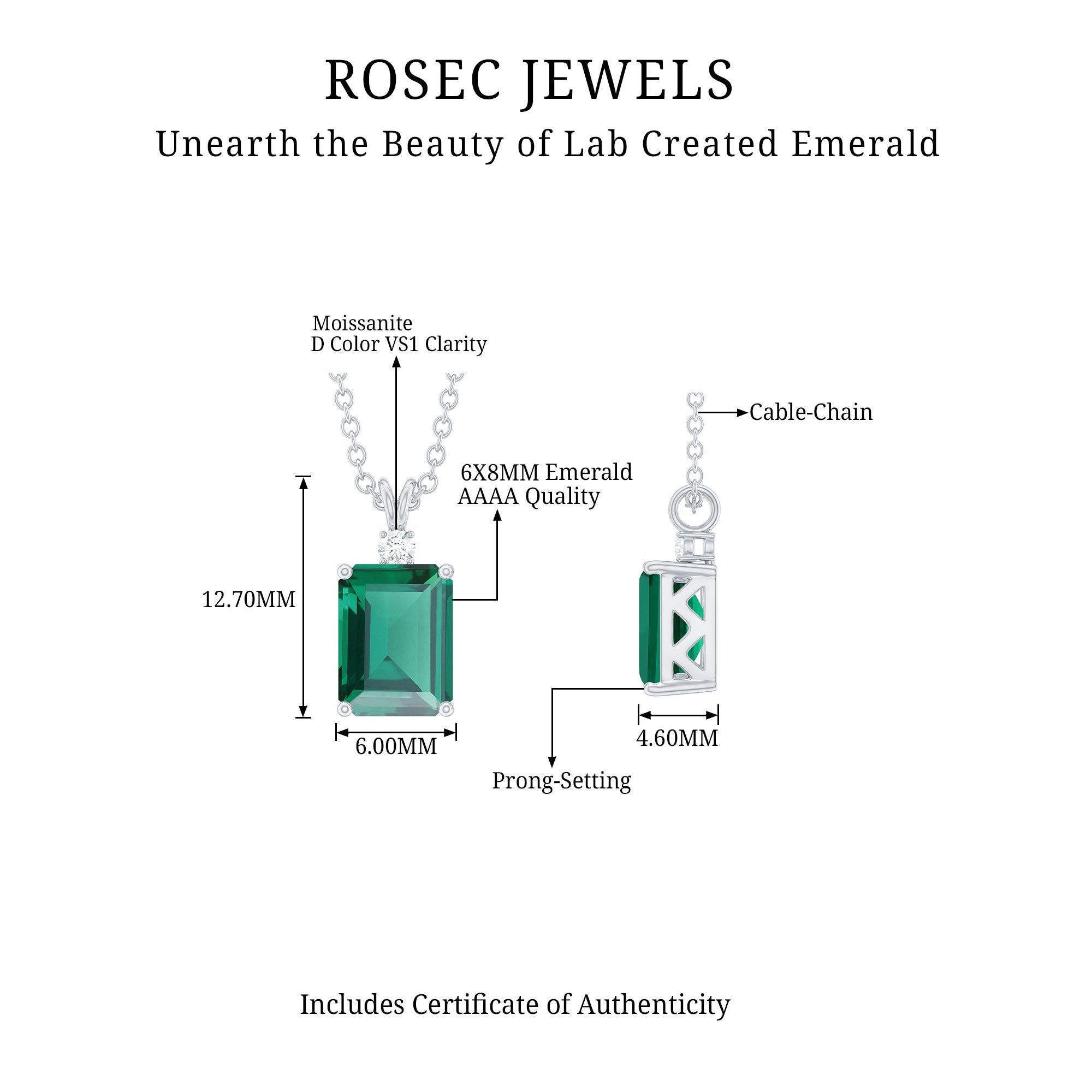 Octagon Cut Lab Created Emerald Solitaire Necklace with Chain