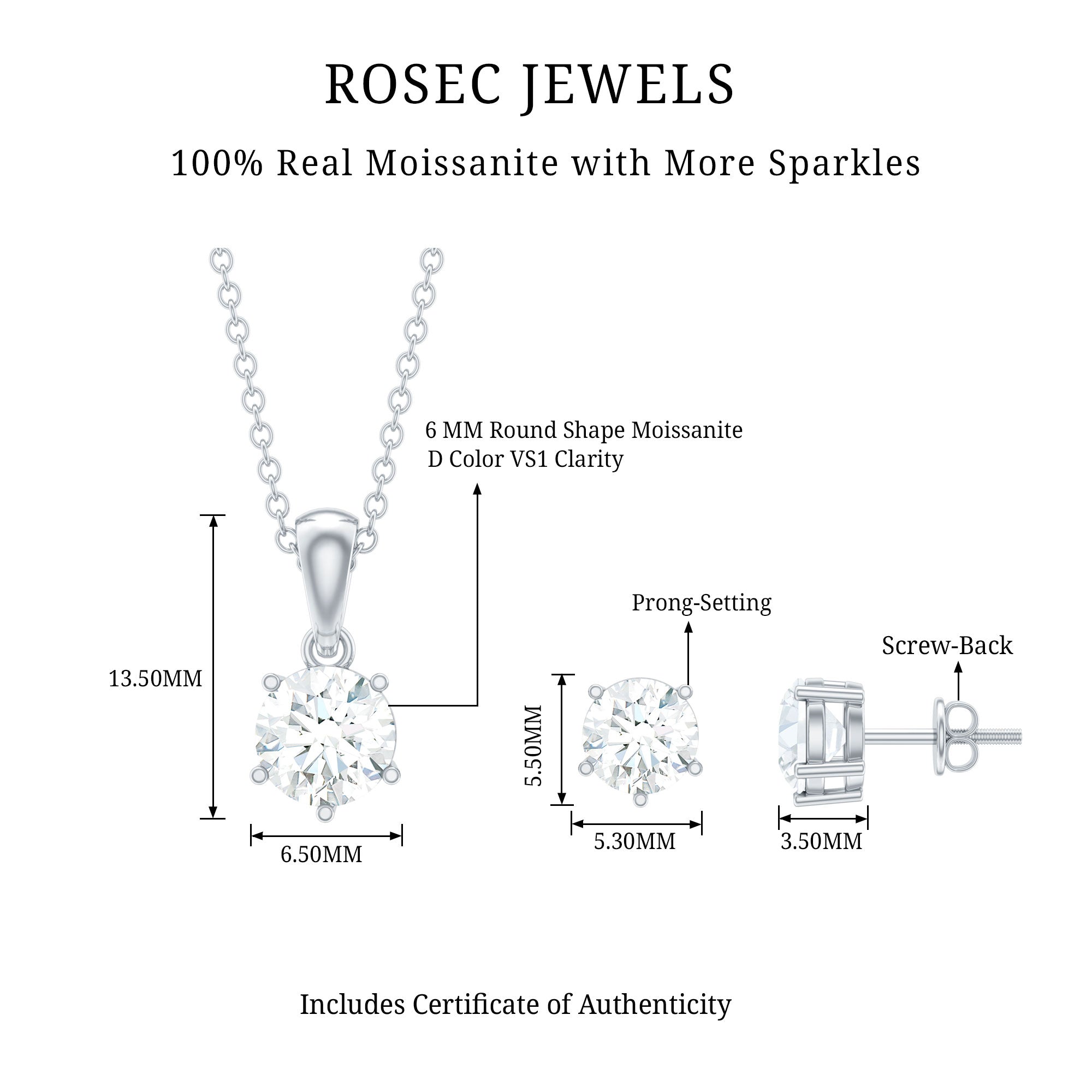 2 CT Round Shape Moissanite Solitaire Jewelry Set