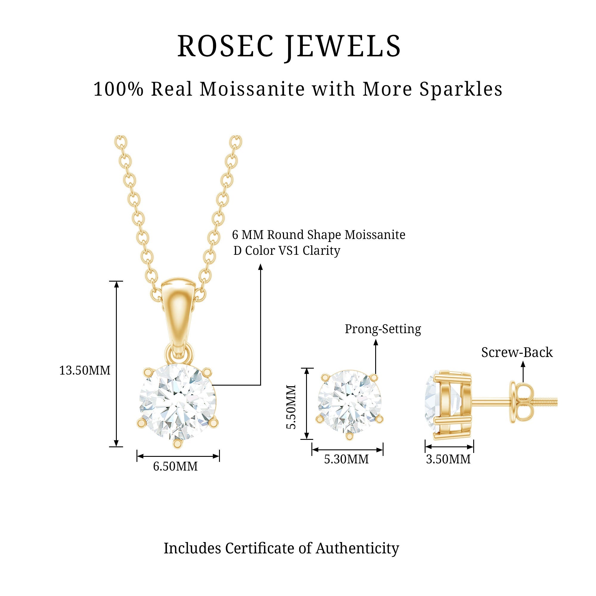 2 CT Round Shape Moissanite Solitaire Jewelry Set