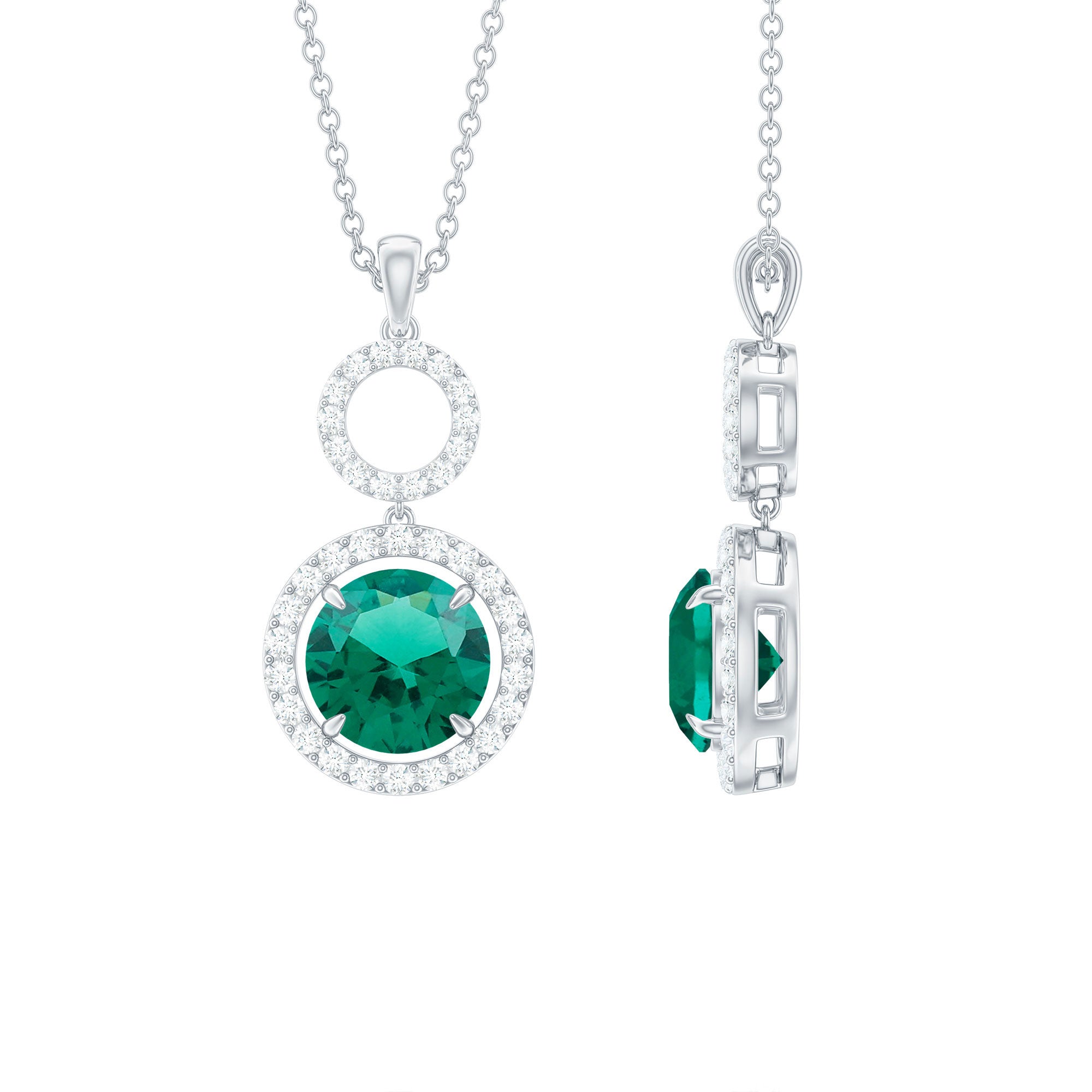 Lab Grown Emerald and Moissanite Halo Pendant Necklace