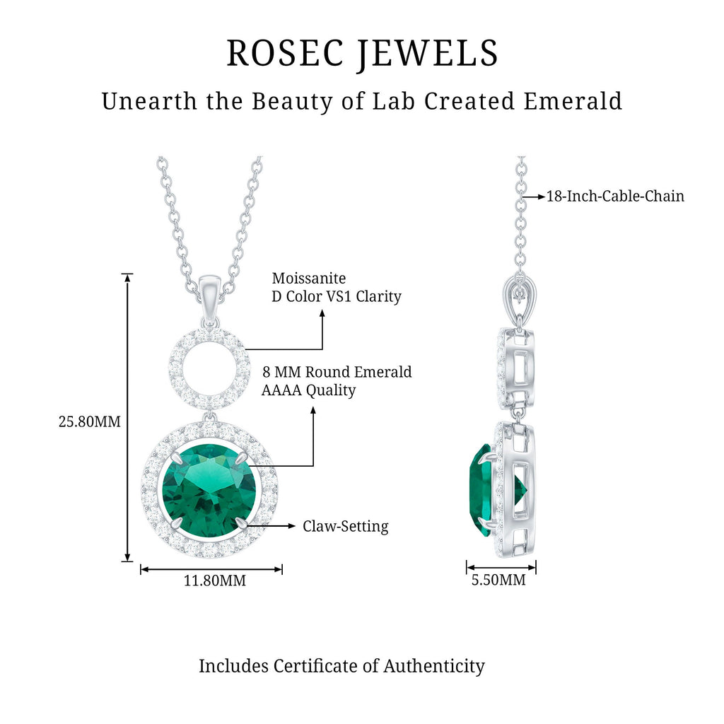 Lab Grown Emerald and Moissanite Halo Pendant Necklace