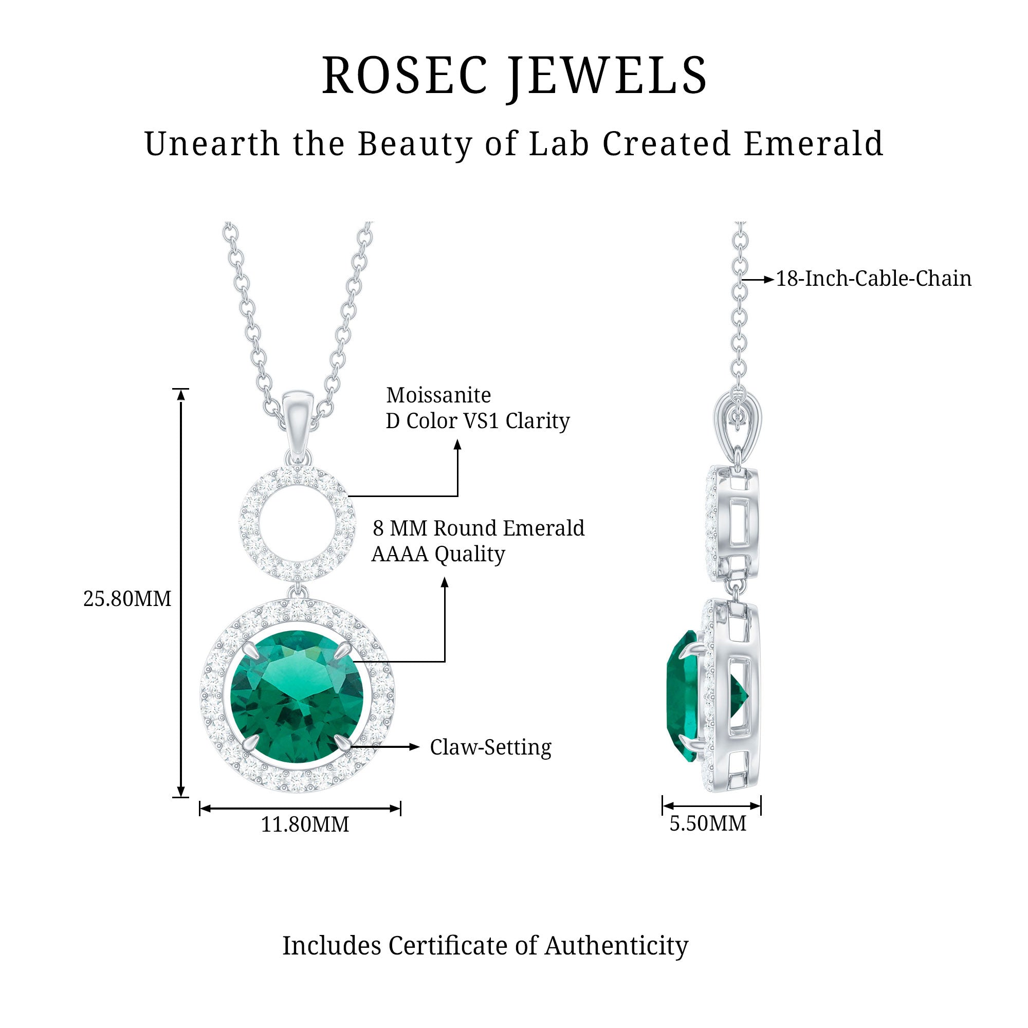 Lab Grown Emerald and Moissanite Halo Pendant Necklace