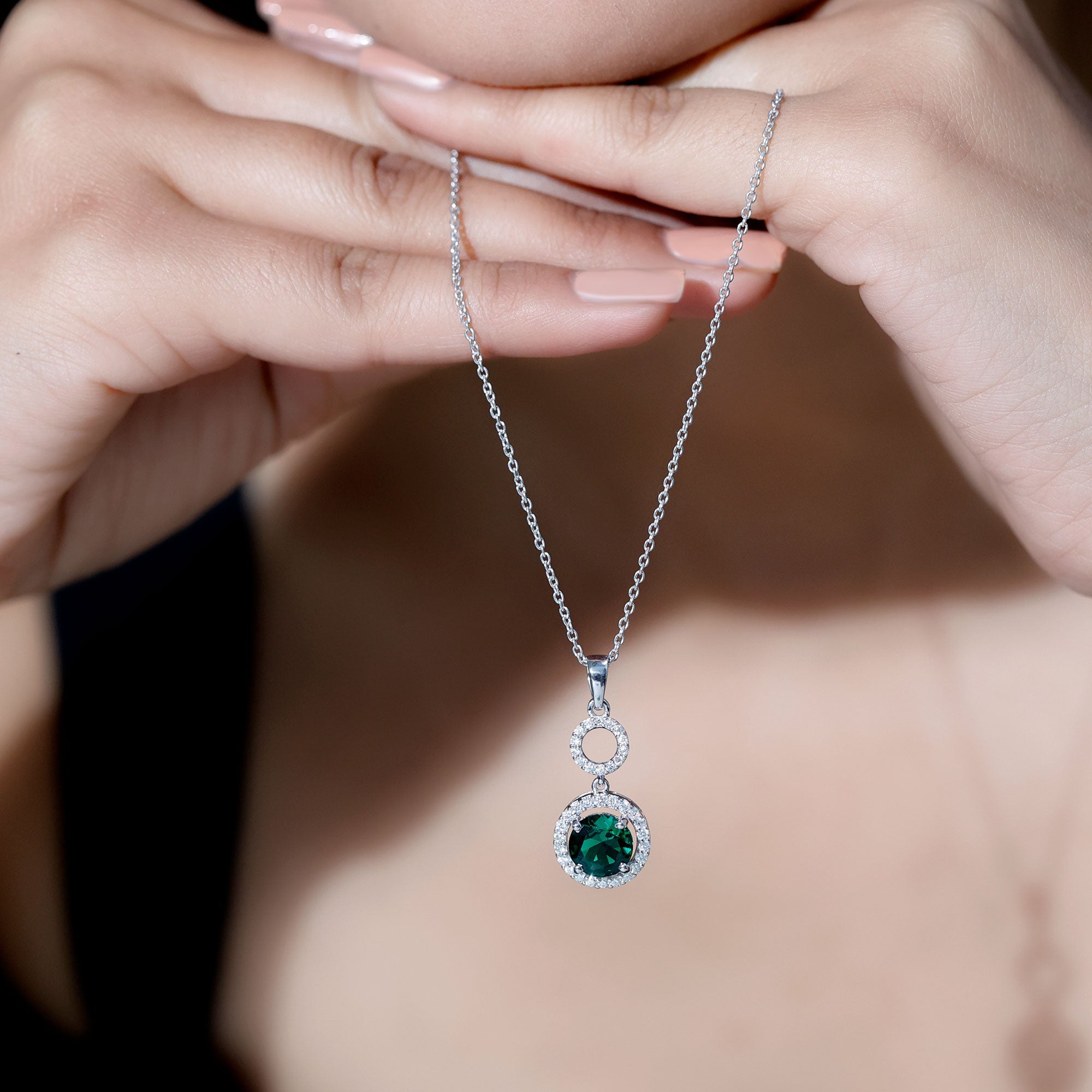 Lab Grown Emerald and Moissanite Halo Pendant Necklace