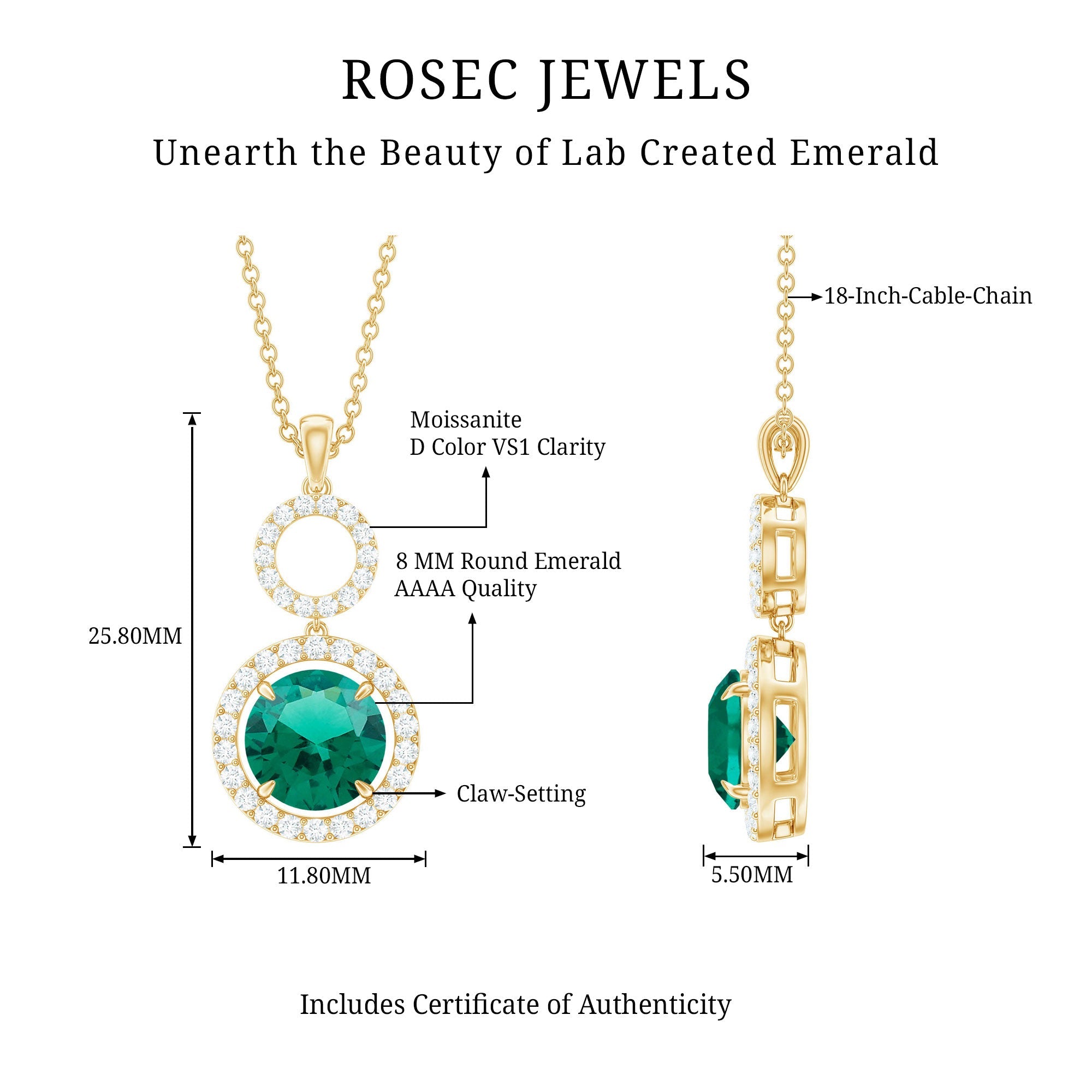 Certified Lab Created Emerald Wedding Necklace with Chain